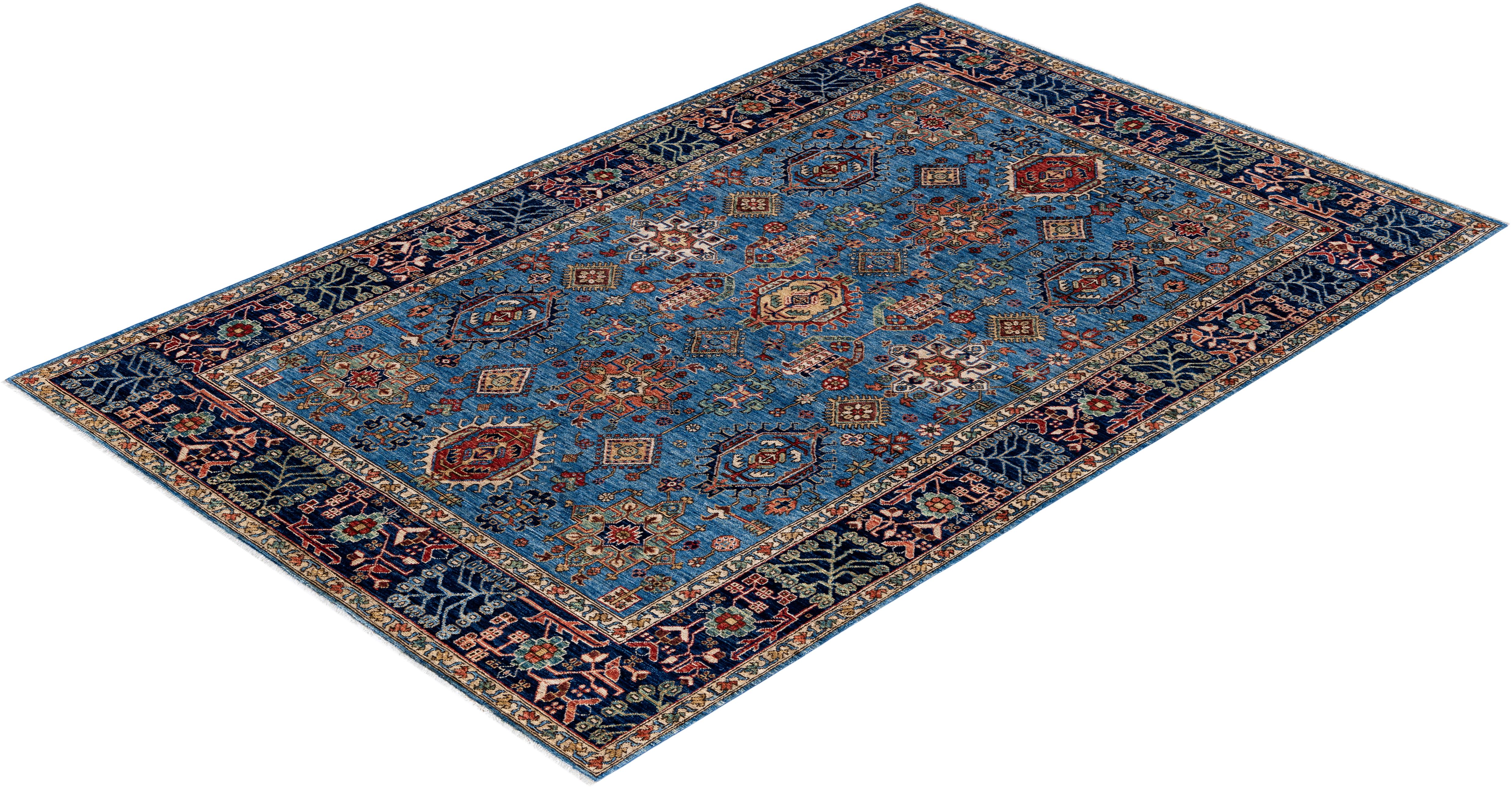 Tapis traditionnel Serapi noué à la main bleu clair de 6' 1