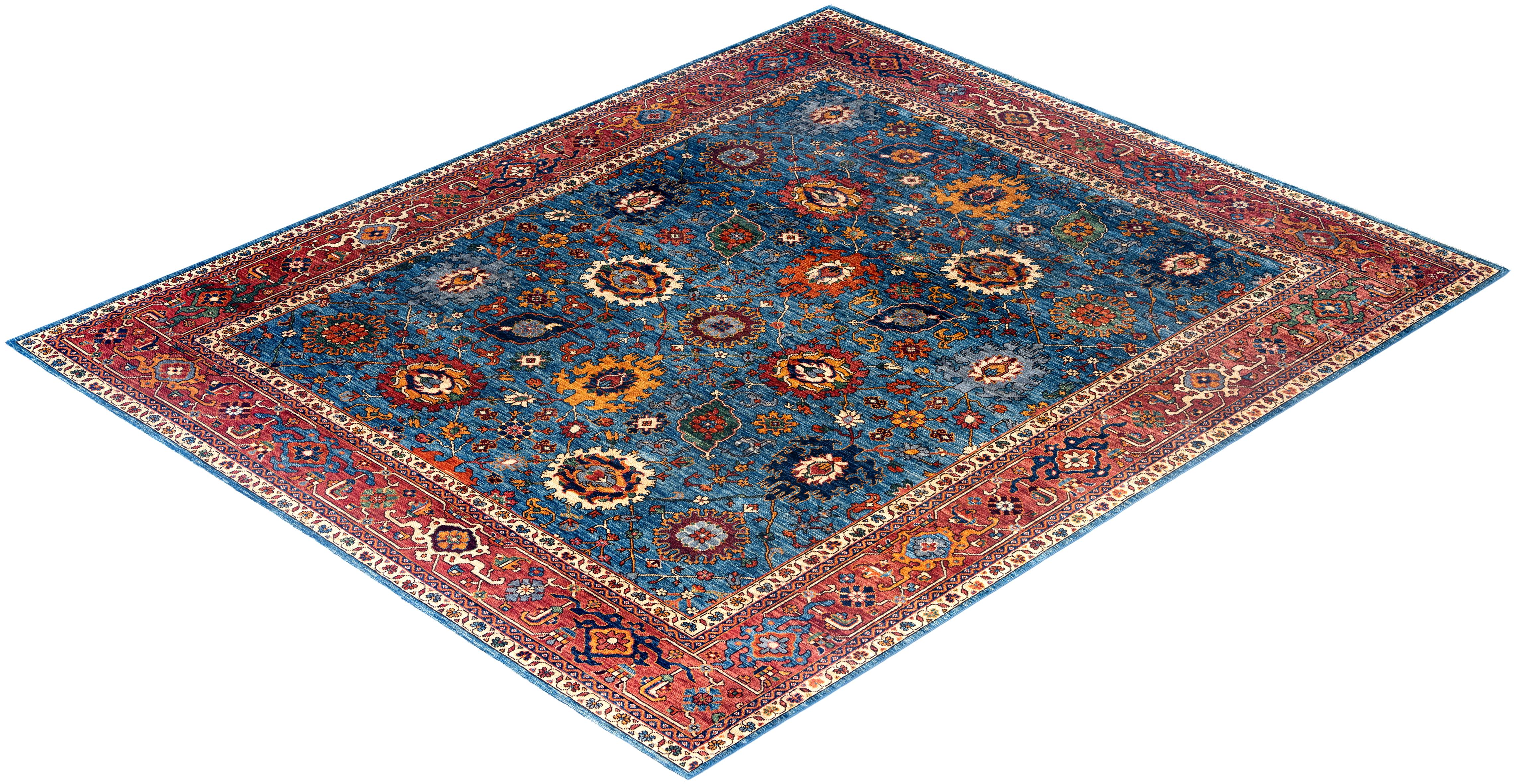 Tapis traditionnel Serapi en laine nouée à la main bleu clair 8' 1