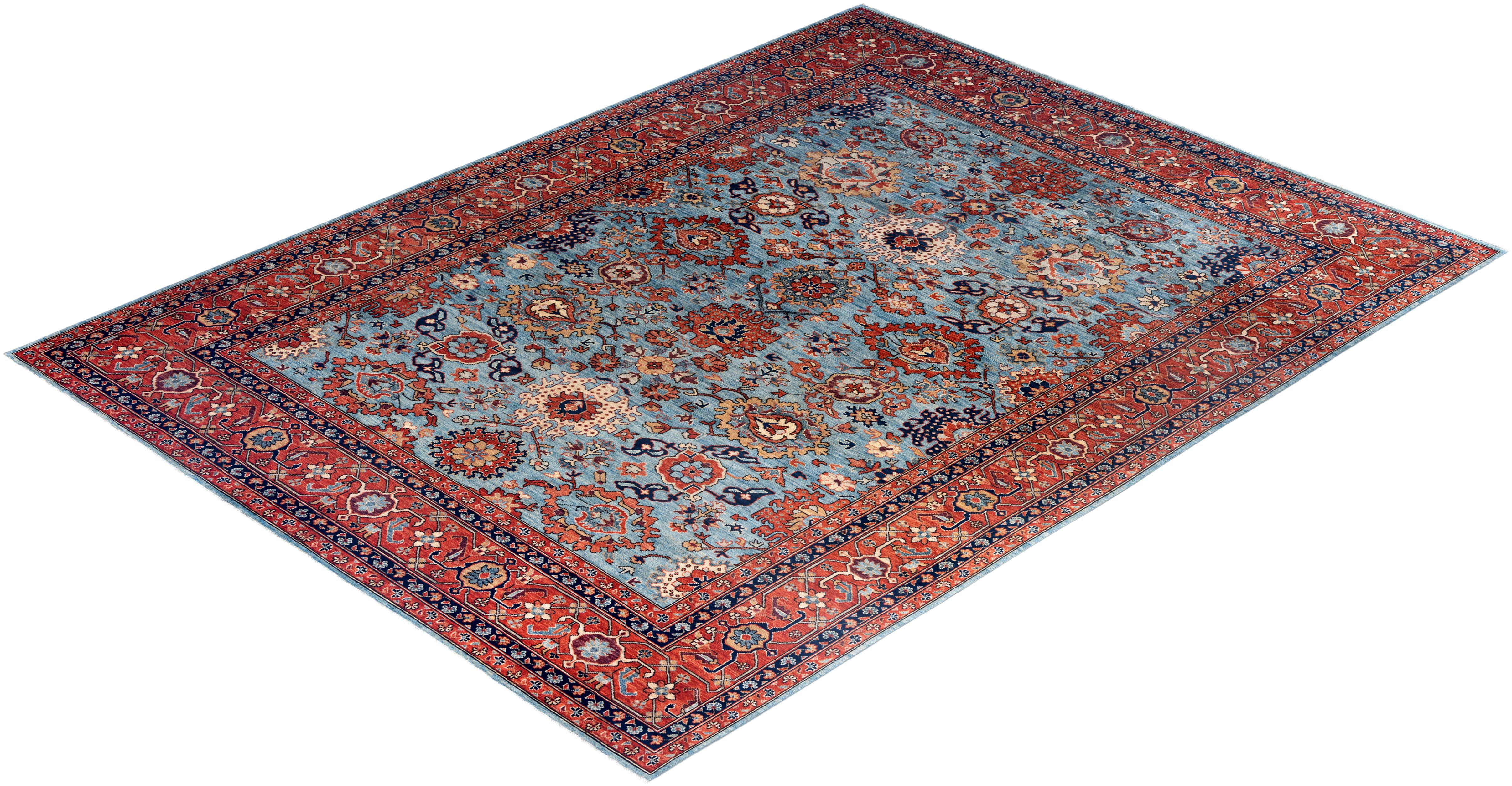 Traditional Serapi Tapis en laine nouée à la main bleu clair 8' 11