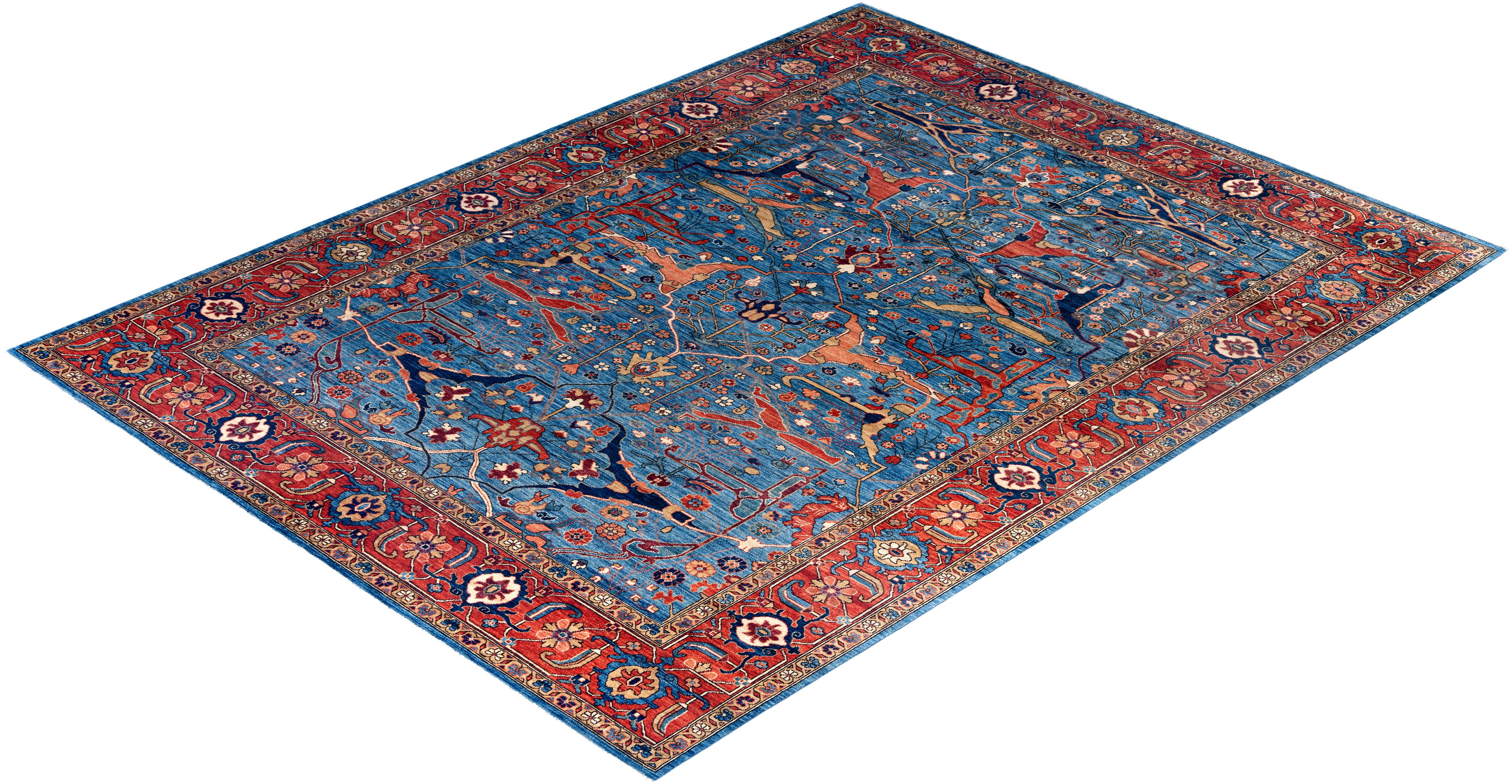 Traditioneller handgeknüpfter, hellblauer Serapi-Teppich aus Wolle 9' 1