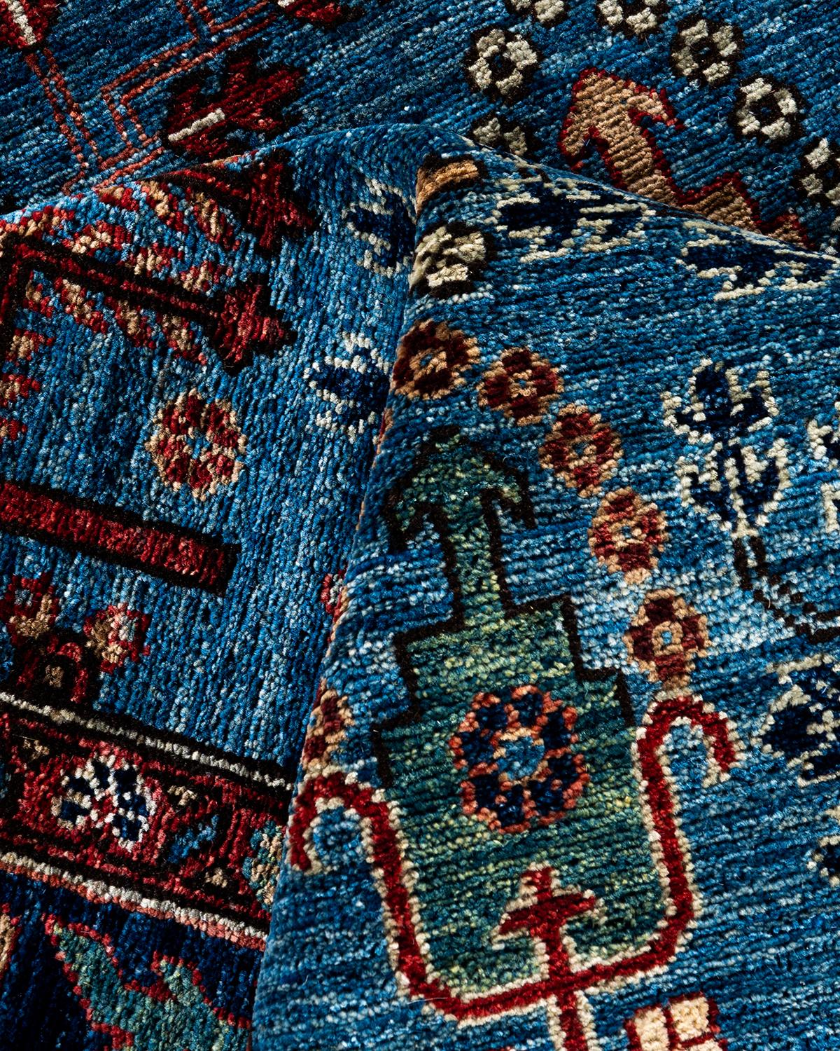 Alfombra tradicional Serapi de lana anudada a mano azul claro 9' 3