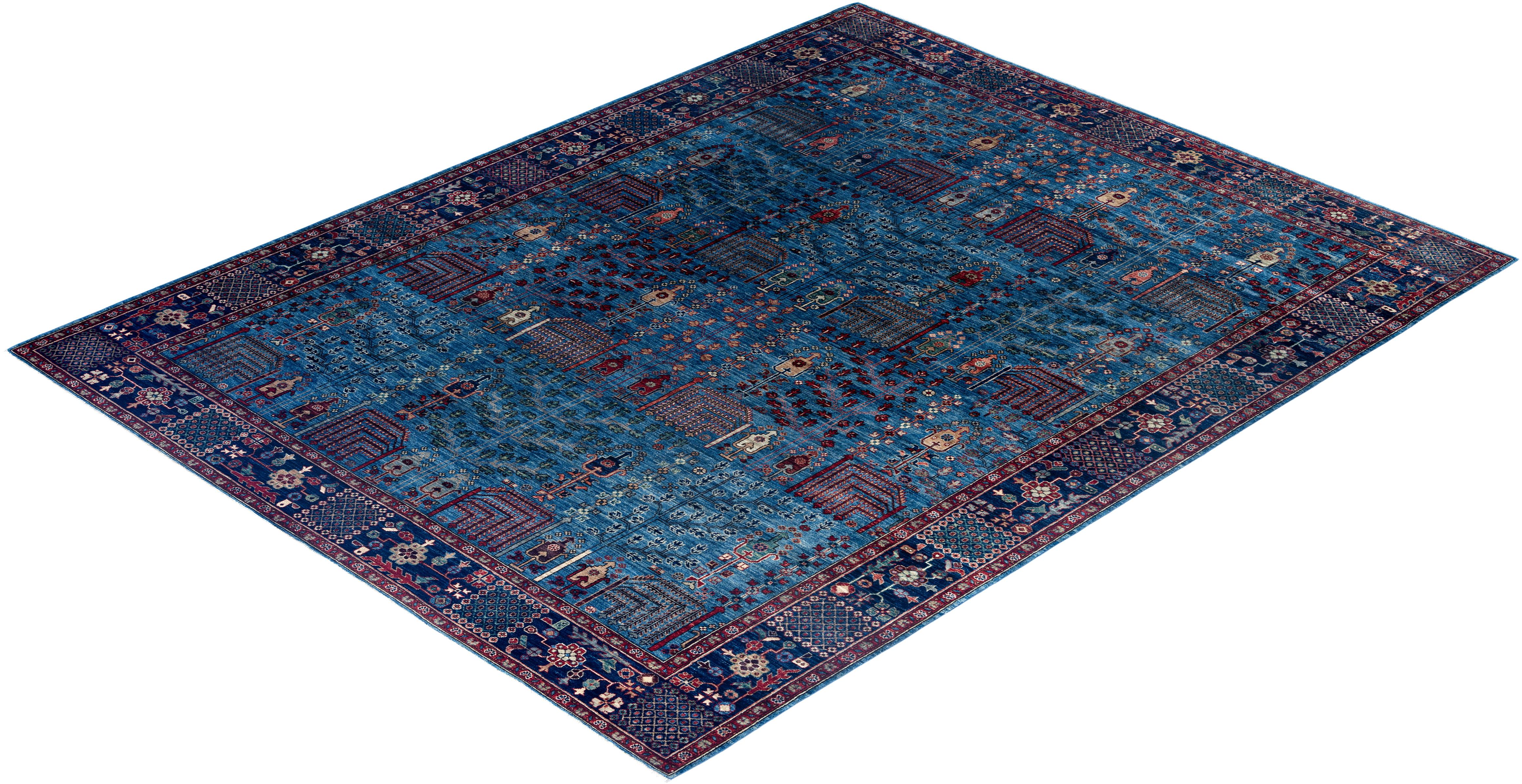 Alfombra tradicional Serapi de lana anudada a mano azul claro 9' 3