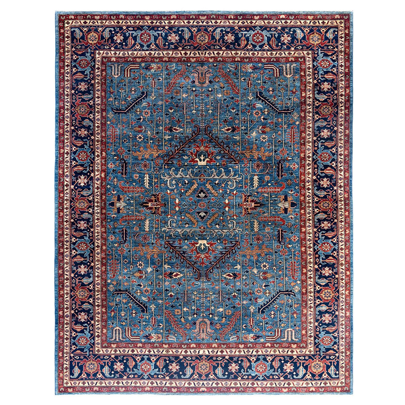 Tappeto tradizionale Serapi in lana annodata a mano di colore azzurro 9' 4" x 11' 11"