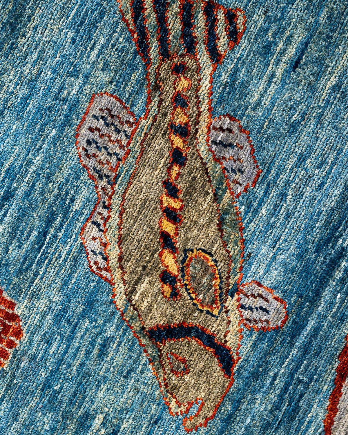 Pakistani Traditional Serapi Hand Knotted Wool Light Blue Area Rug
