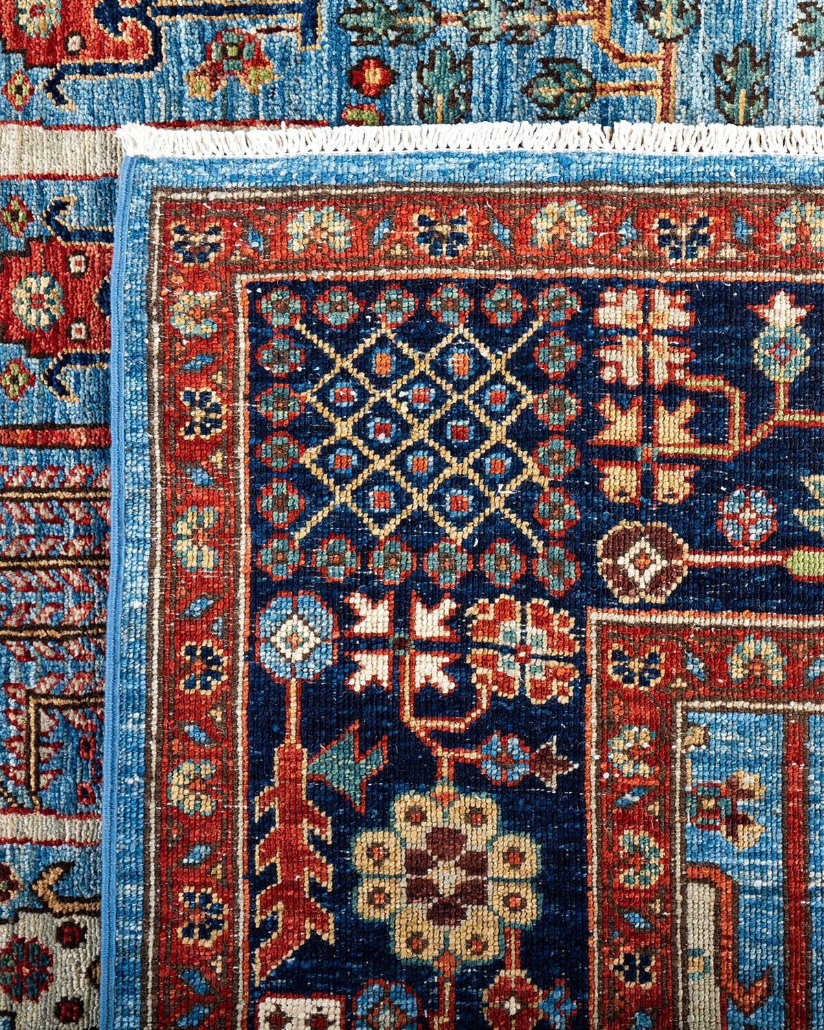 Contemporary Traditional Serapi Hand Knotted Wool Light Blue Area Rug For Sale