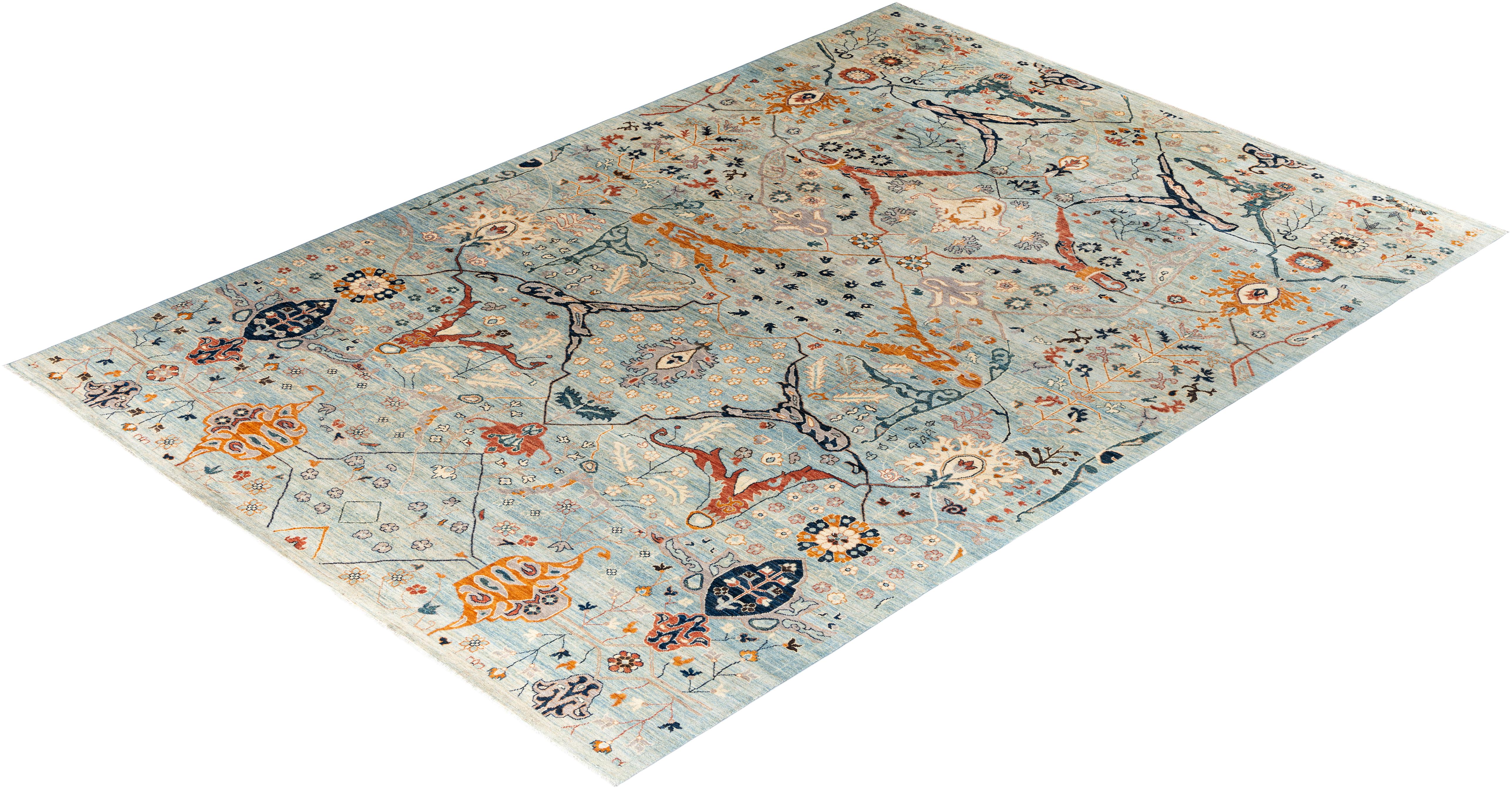 Traditioneller hellblauer Teppich aus handgeknüpfter Wolle Serapi 3