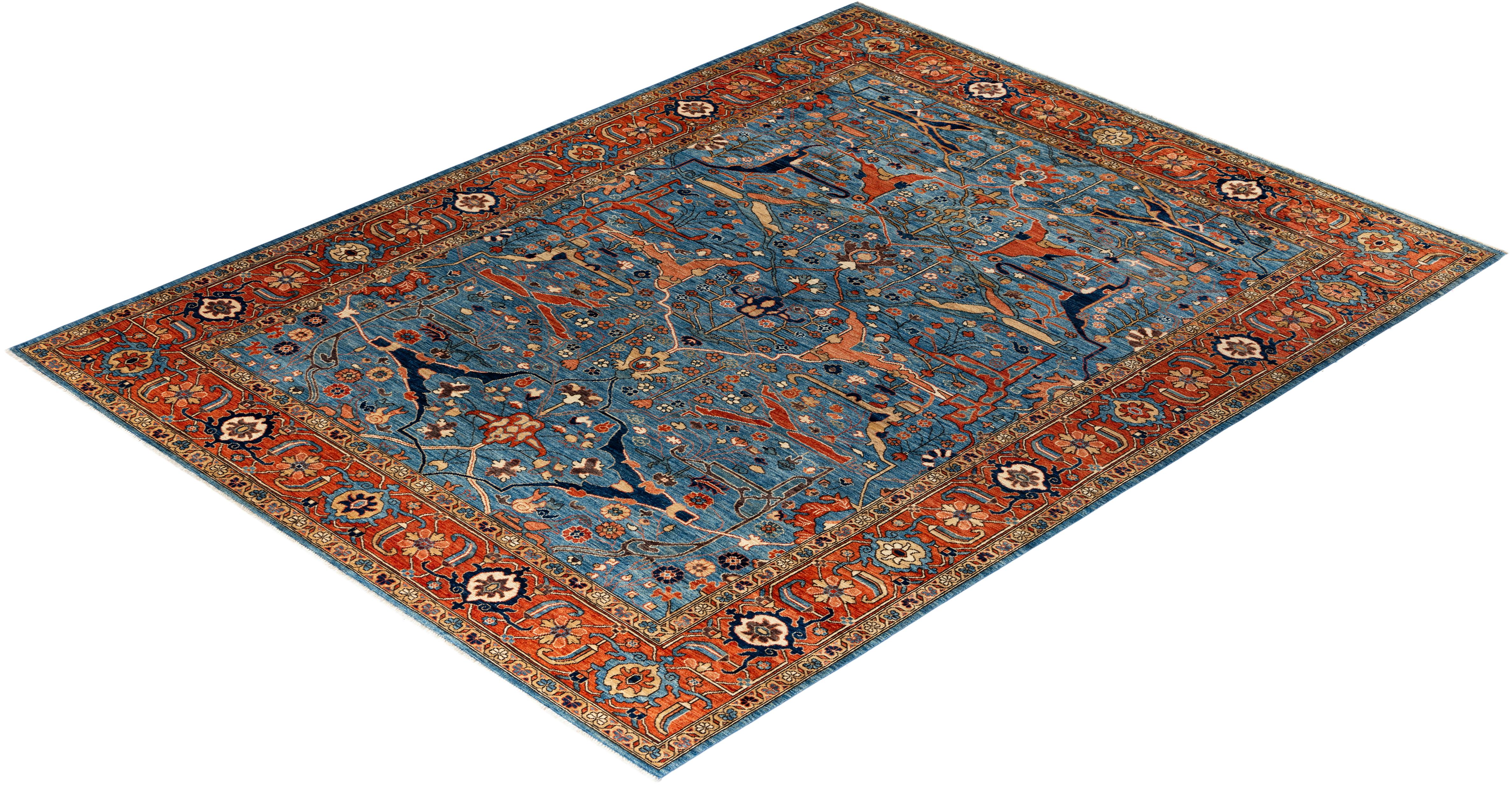 Traditioneller hellblauer Teppich aus handgeknüpfter Wolle Serapi im Angebot 3