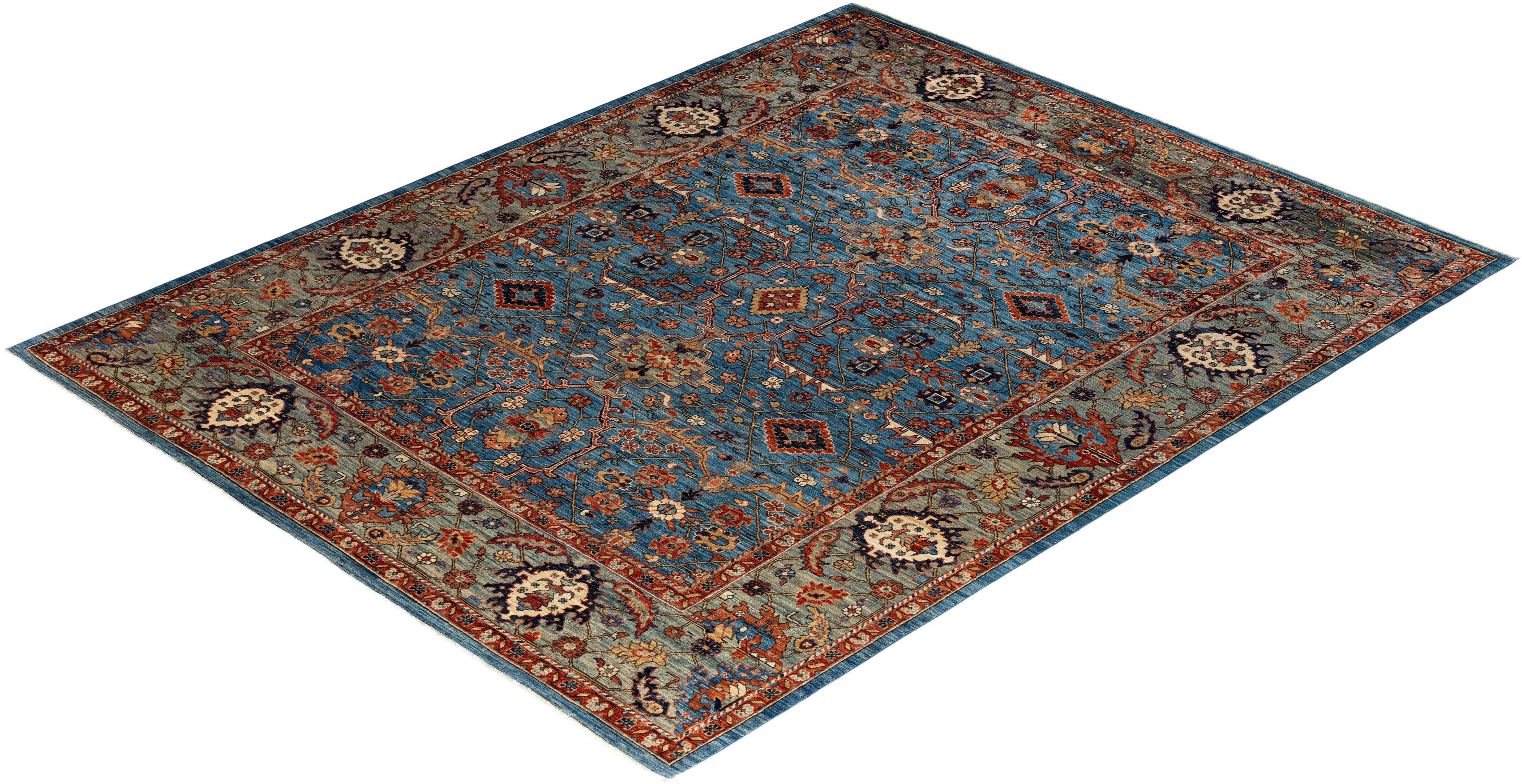  Traditional Serapi Hand Knotted Wool Light Blue Area Rug For Sale 3