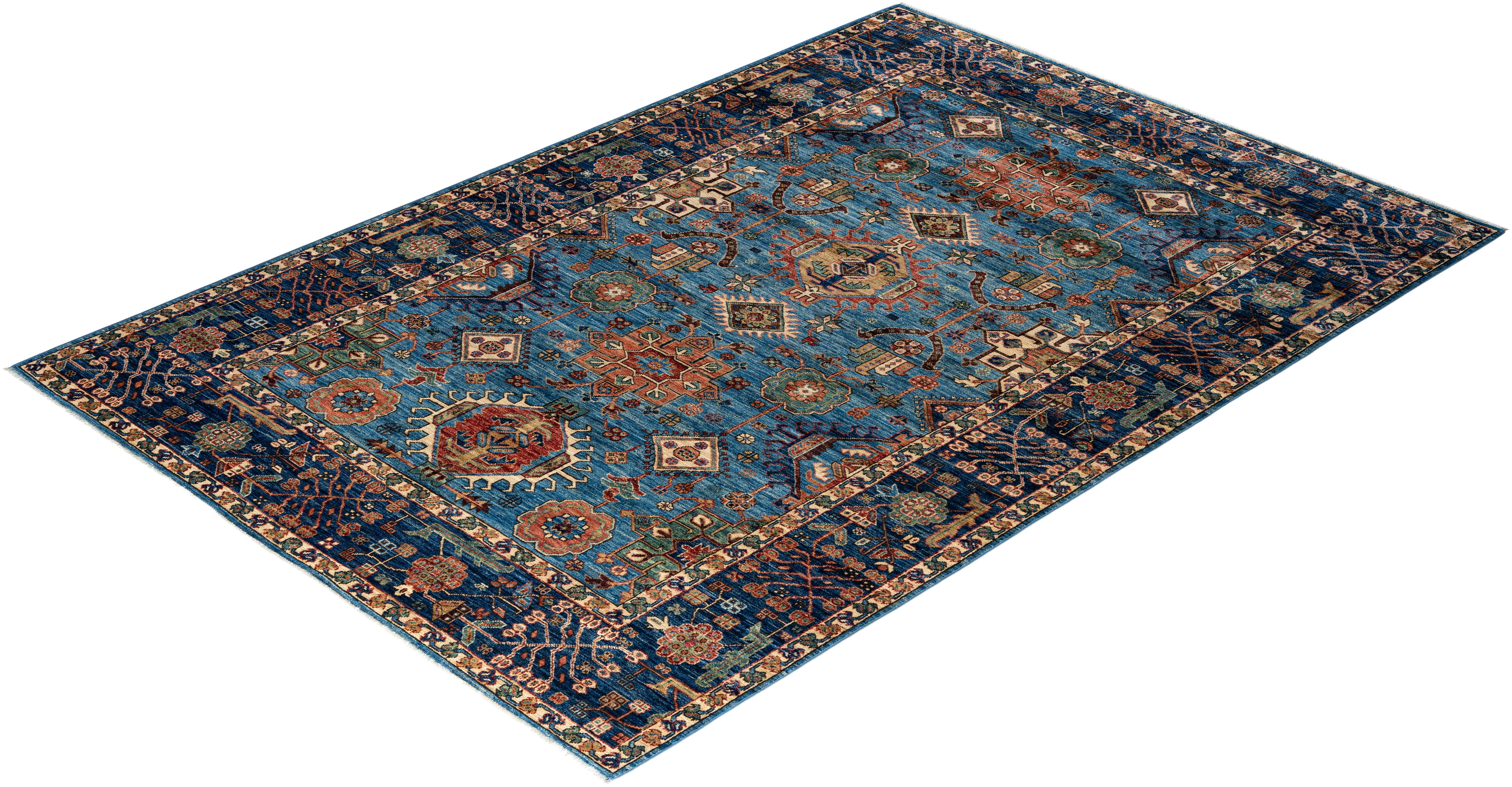 Traditional Serapi Hand Knotted Wool Light Blue Area Rug  For Sale 3