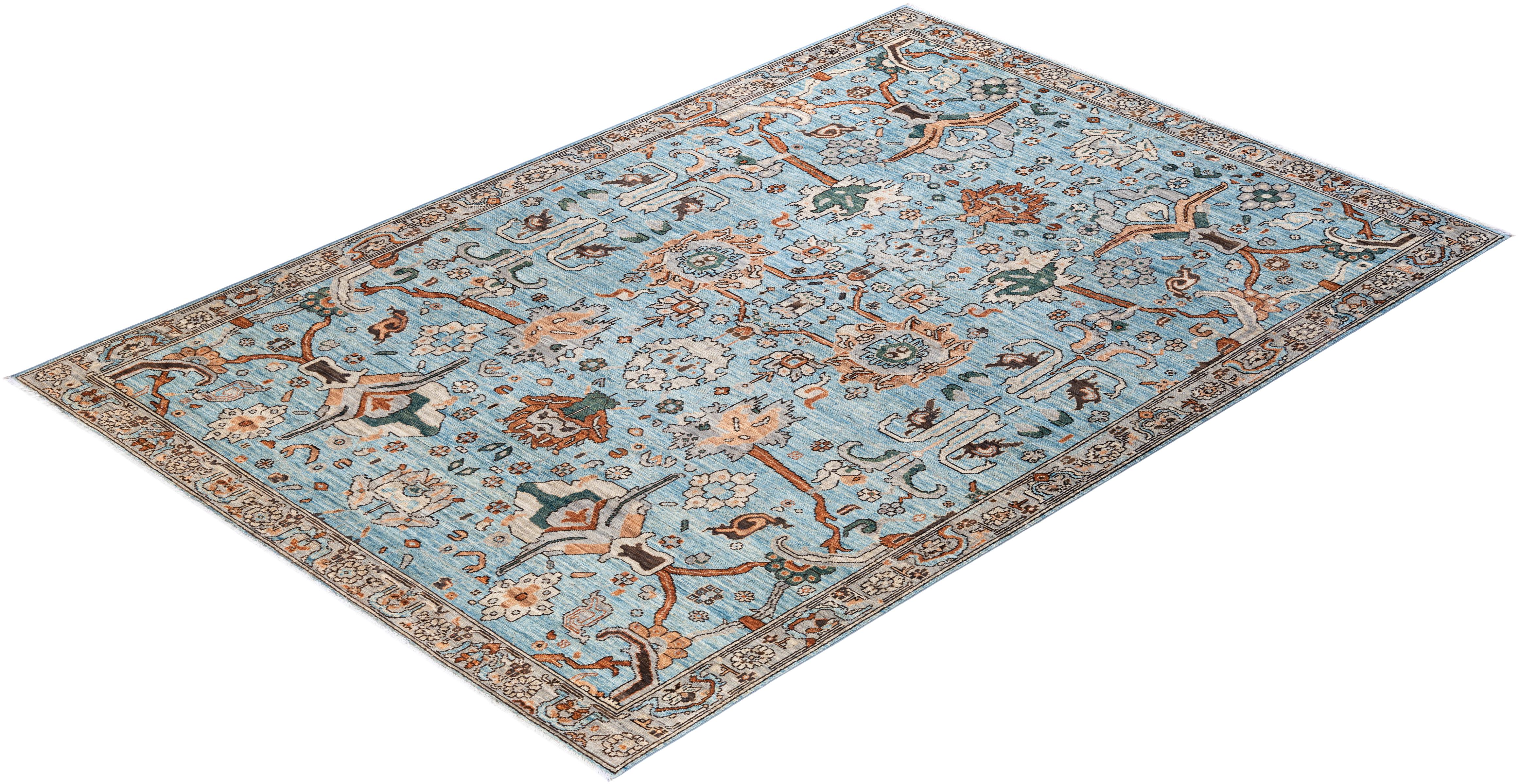 Traditional Serapi Hand Knotted Wool Light Blue Area Rug 3
