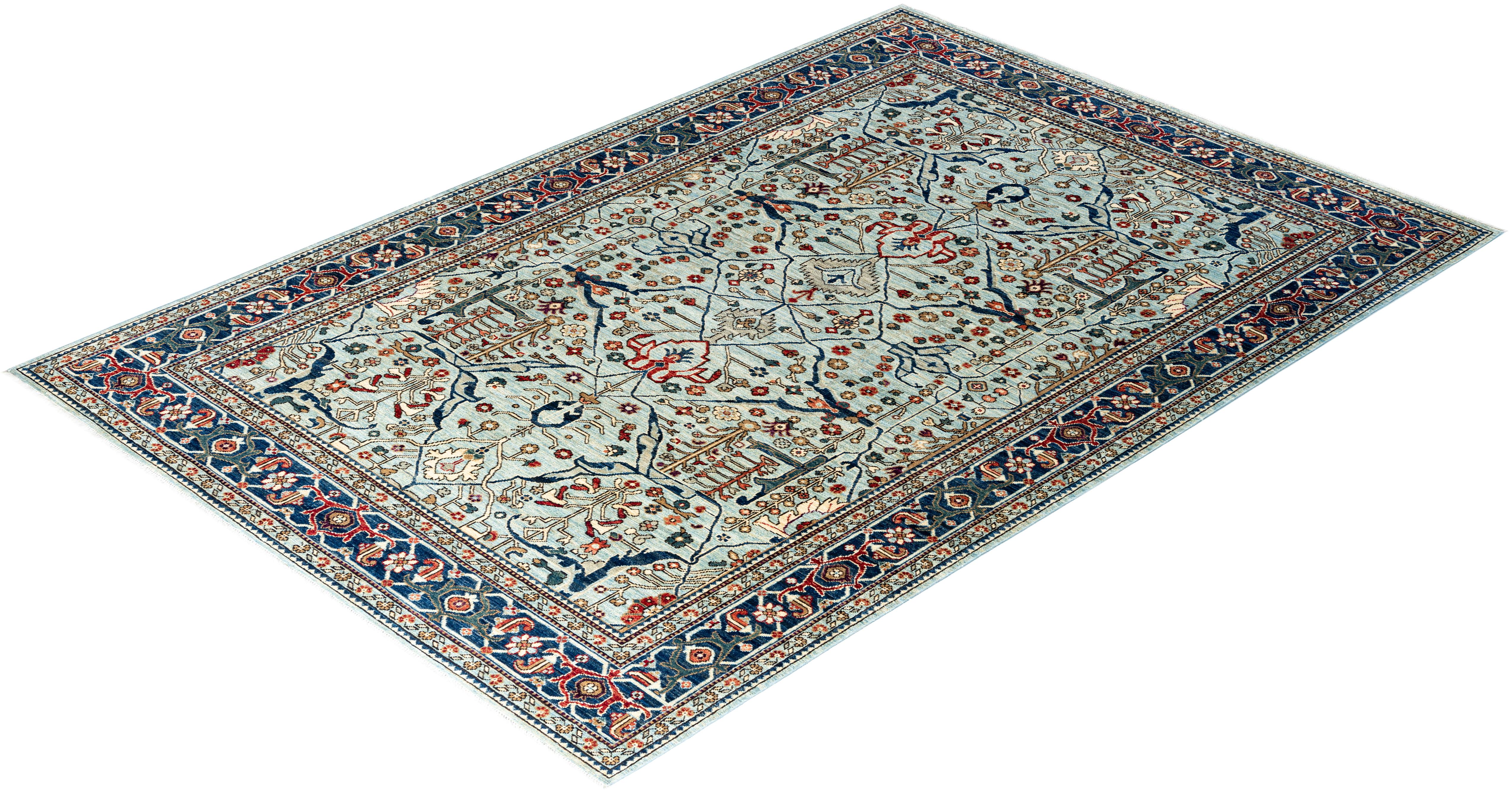  Traditional Serapi Hand Knotted Wool Light Blue Area Rug For Sale 3