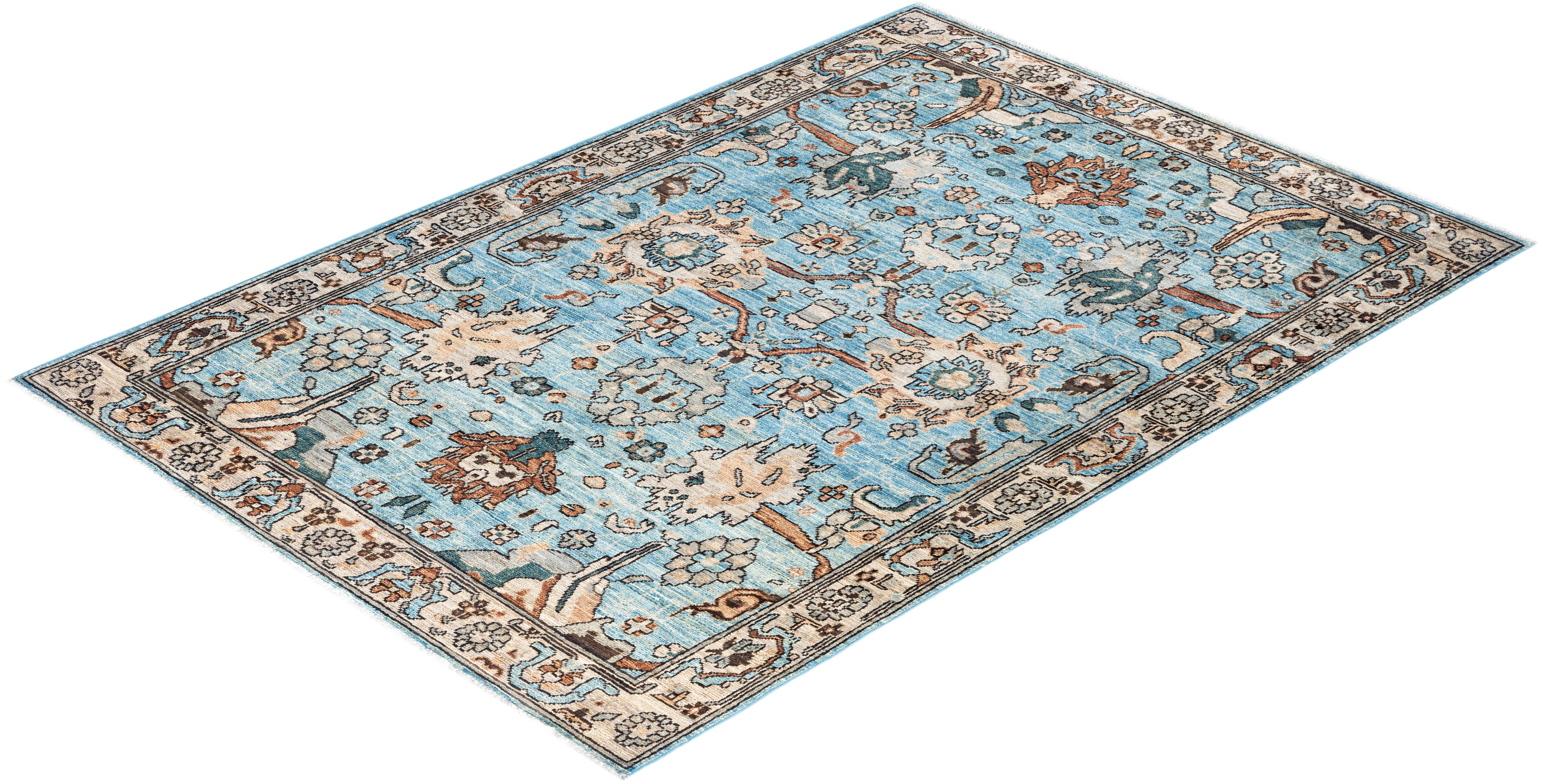 Traditional Serapi Hand Knotted Wool Light Blue Area Rug For Sale 3