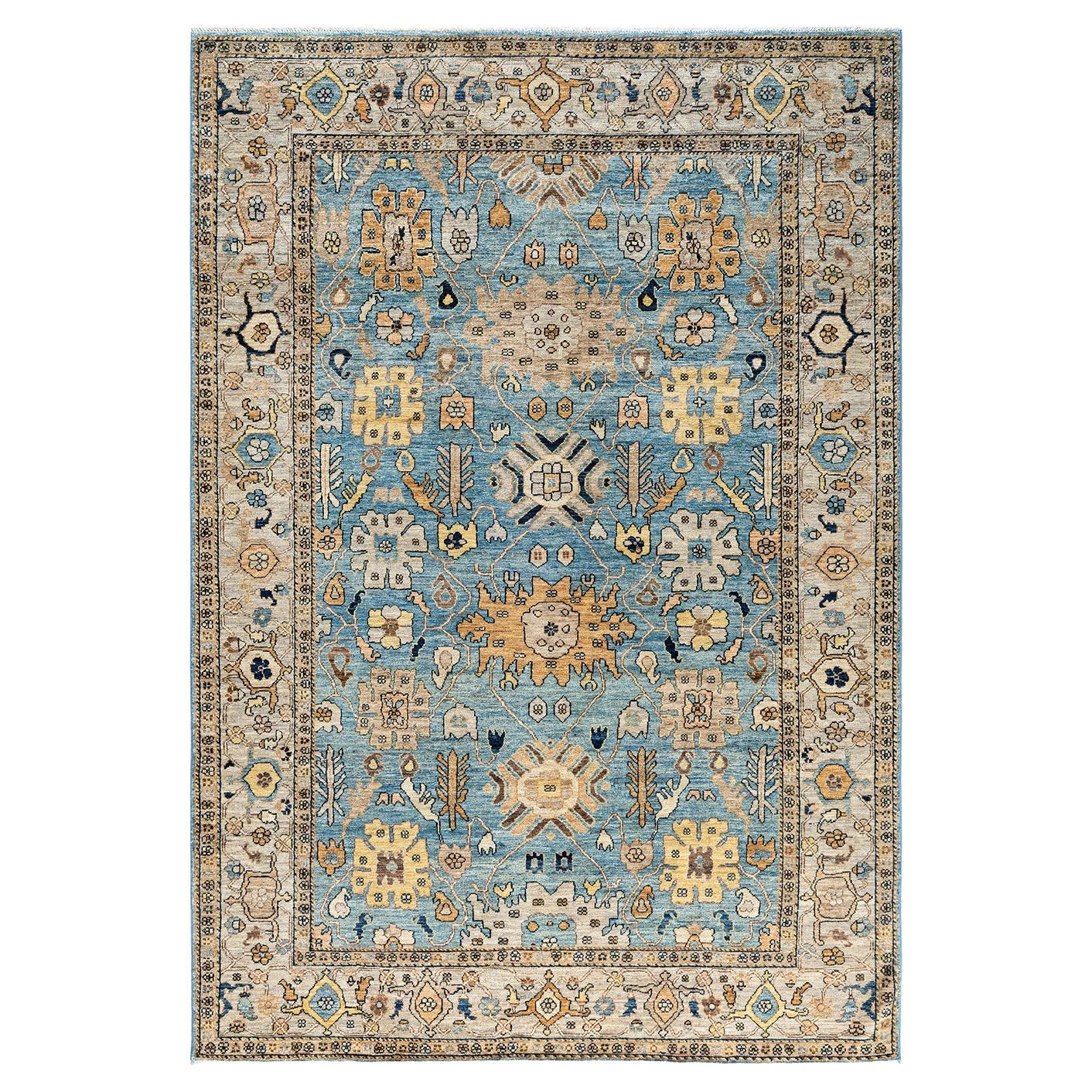  Traditional Serapi Hand Knotted Wool Light Blue Area Rug For Sale