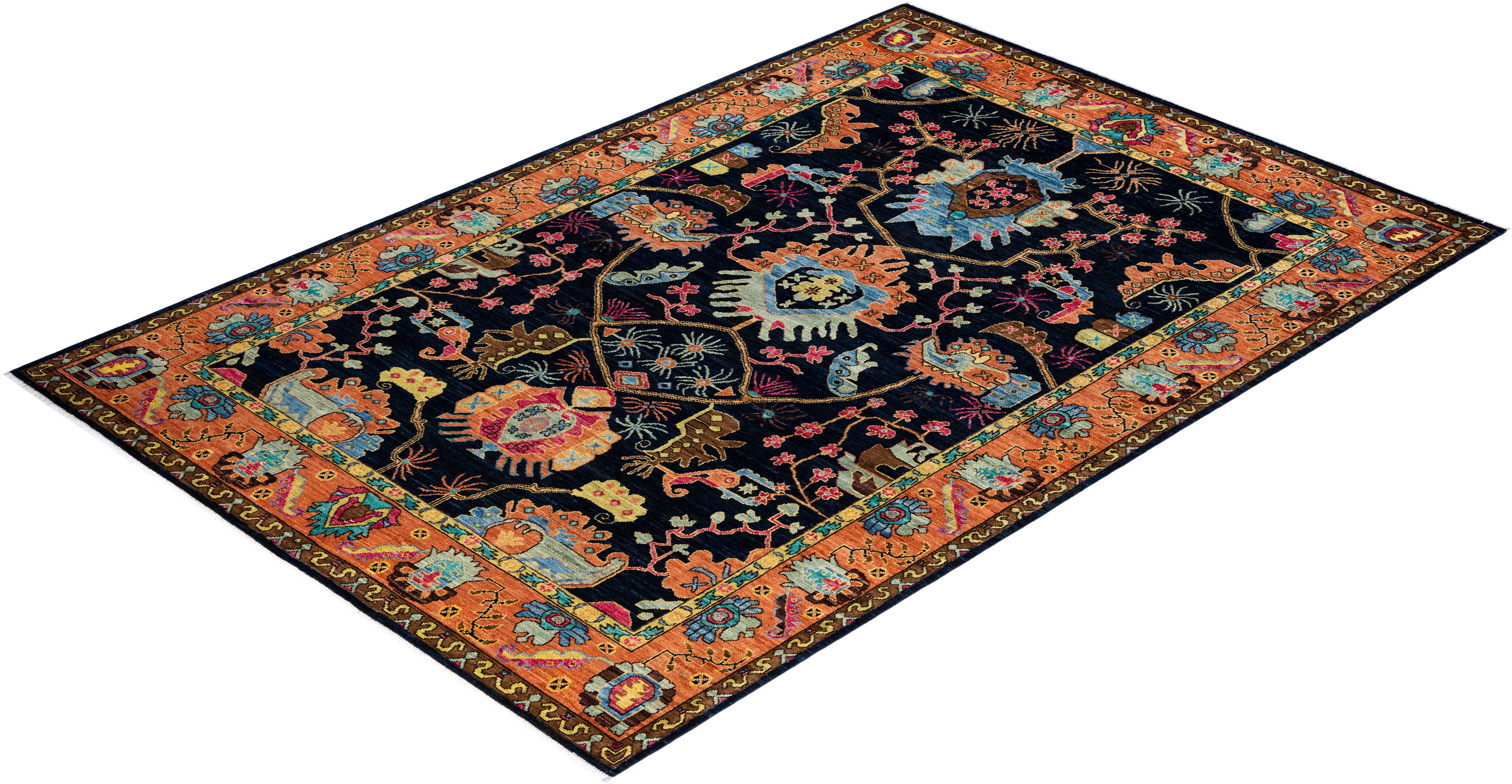 Traditional Serapi Tapis de zone en laine nouée à la main marine 6' 0