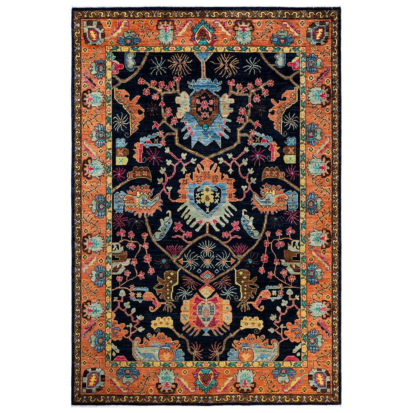 Traditional Serapi Tapis de zone en laine nouée à la main marine 6' 0" x 8' 11" en vente