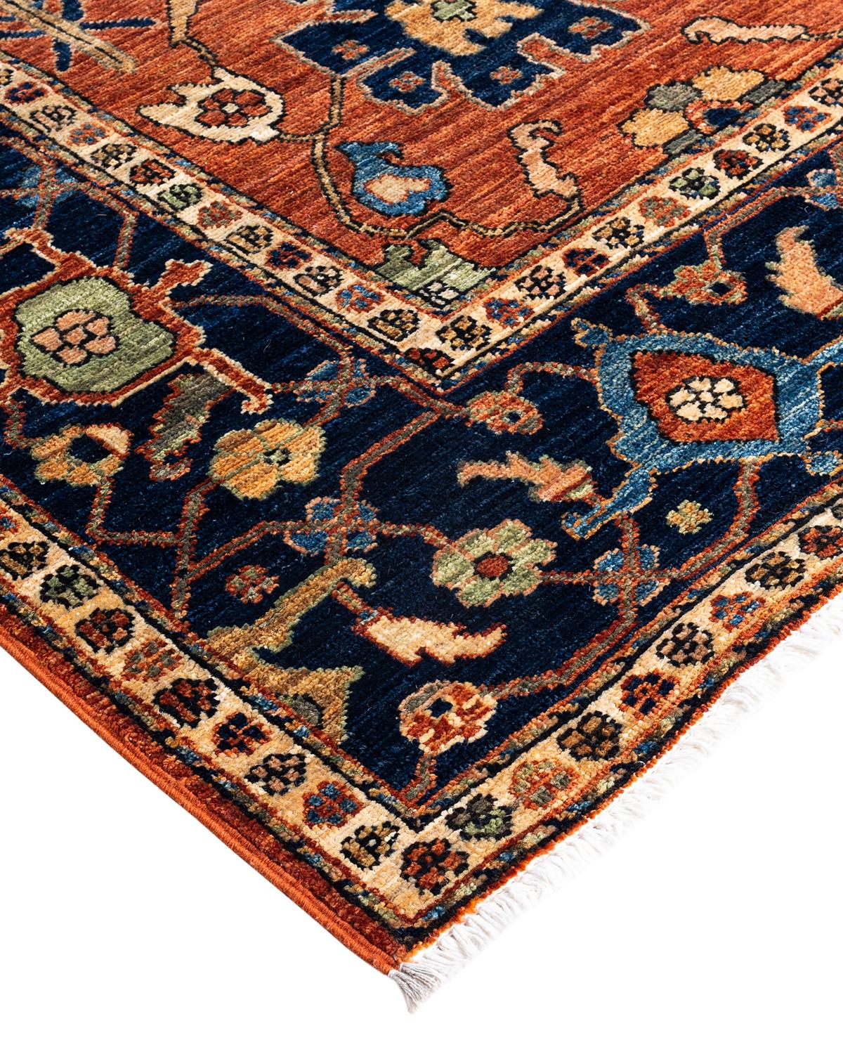 Persian rug-making at its finest inspired the rich colors, elaborate geometric motifs, and botanical detailing of the Serapi collection. With as many as 100 knots per inch, these handcrafted rugs are as durable as they are visually stunning, and