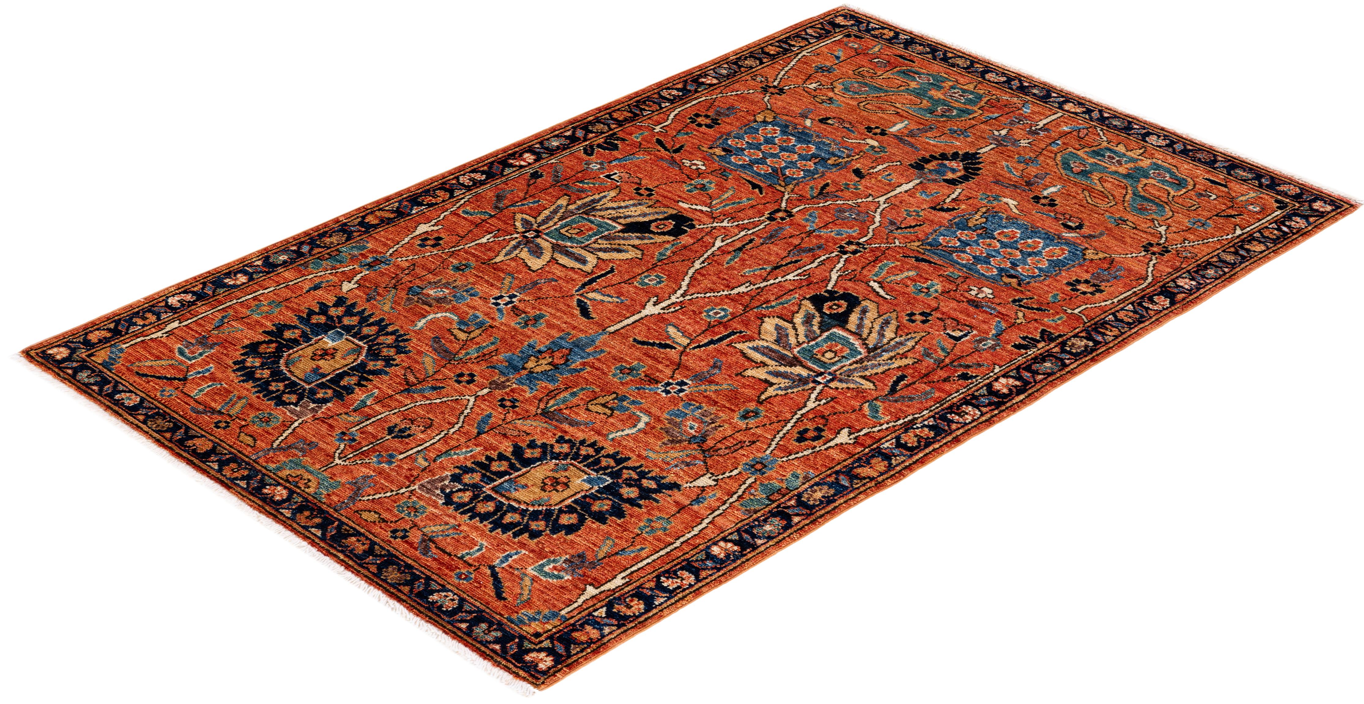 Traditional Serapi Hand Knotted Wool Orange Area Rug For Sale 3