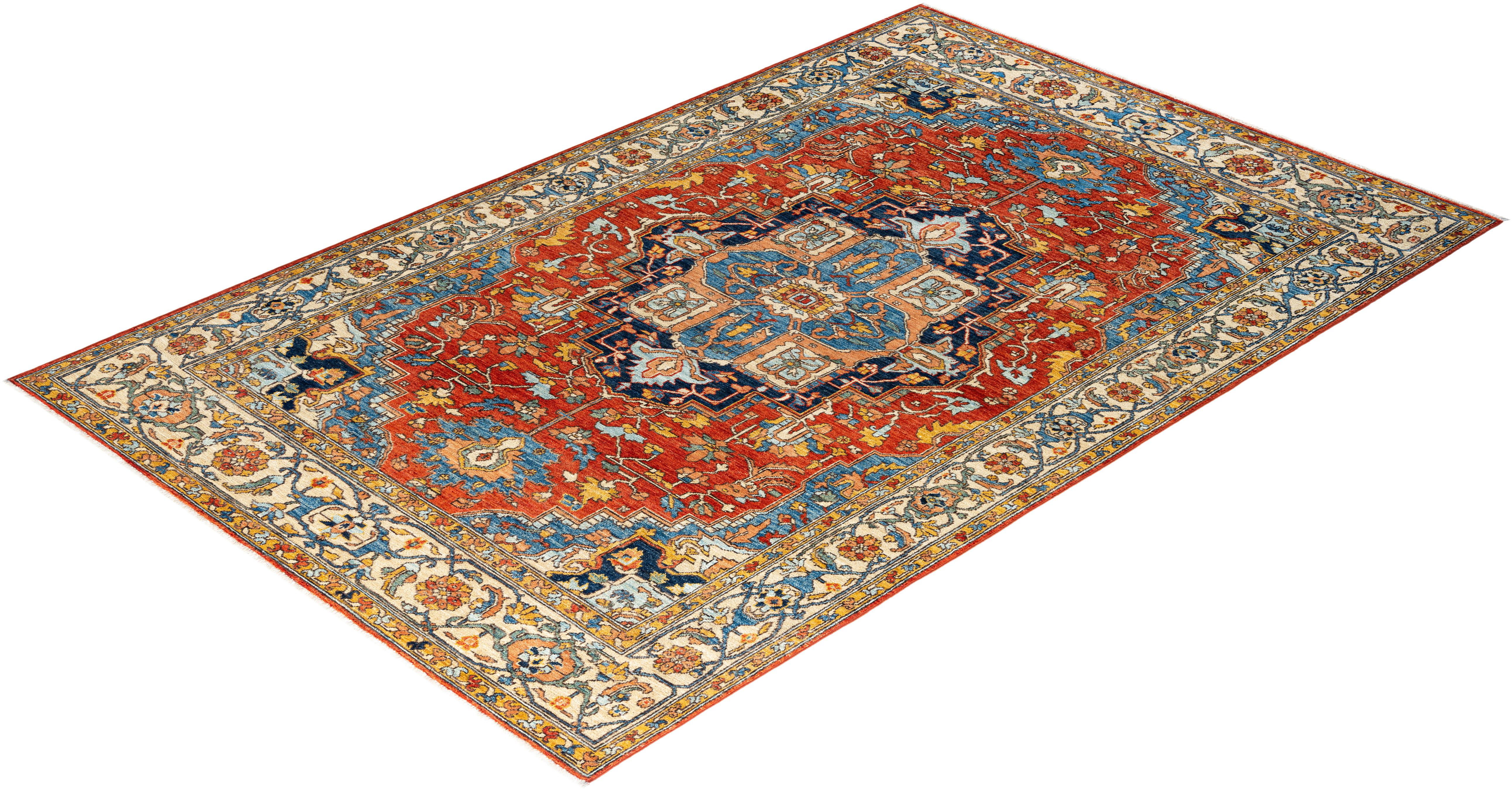  Traditional Serapi Hand Knotted Wool Orange Area Rug For Sale 3