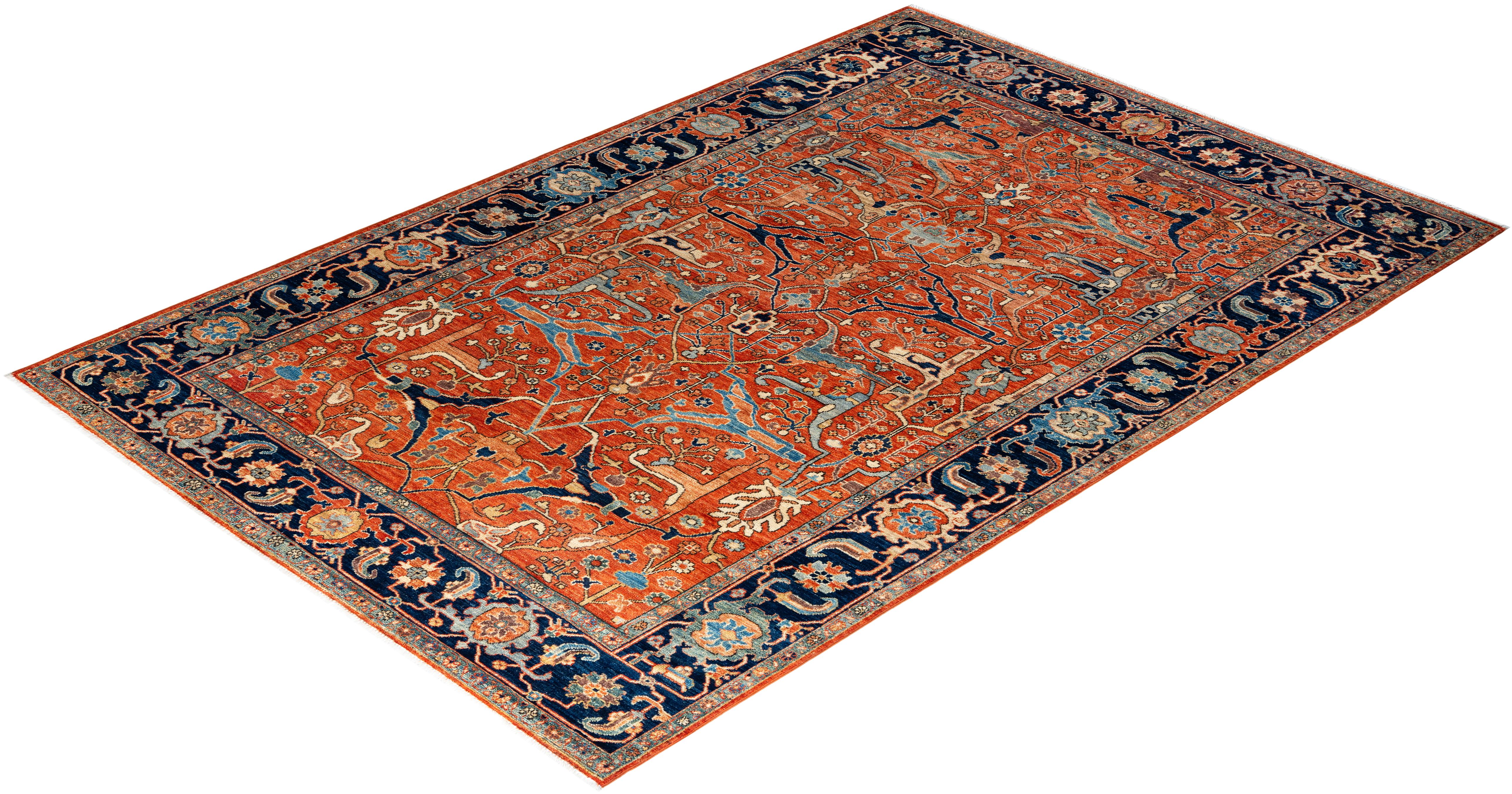  Traditional Serapi Hand Knotted Wool Orange Area Rug For Sale 3