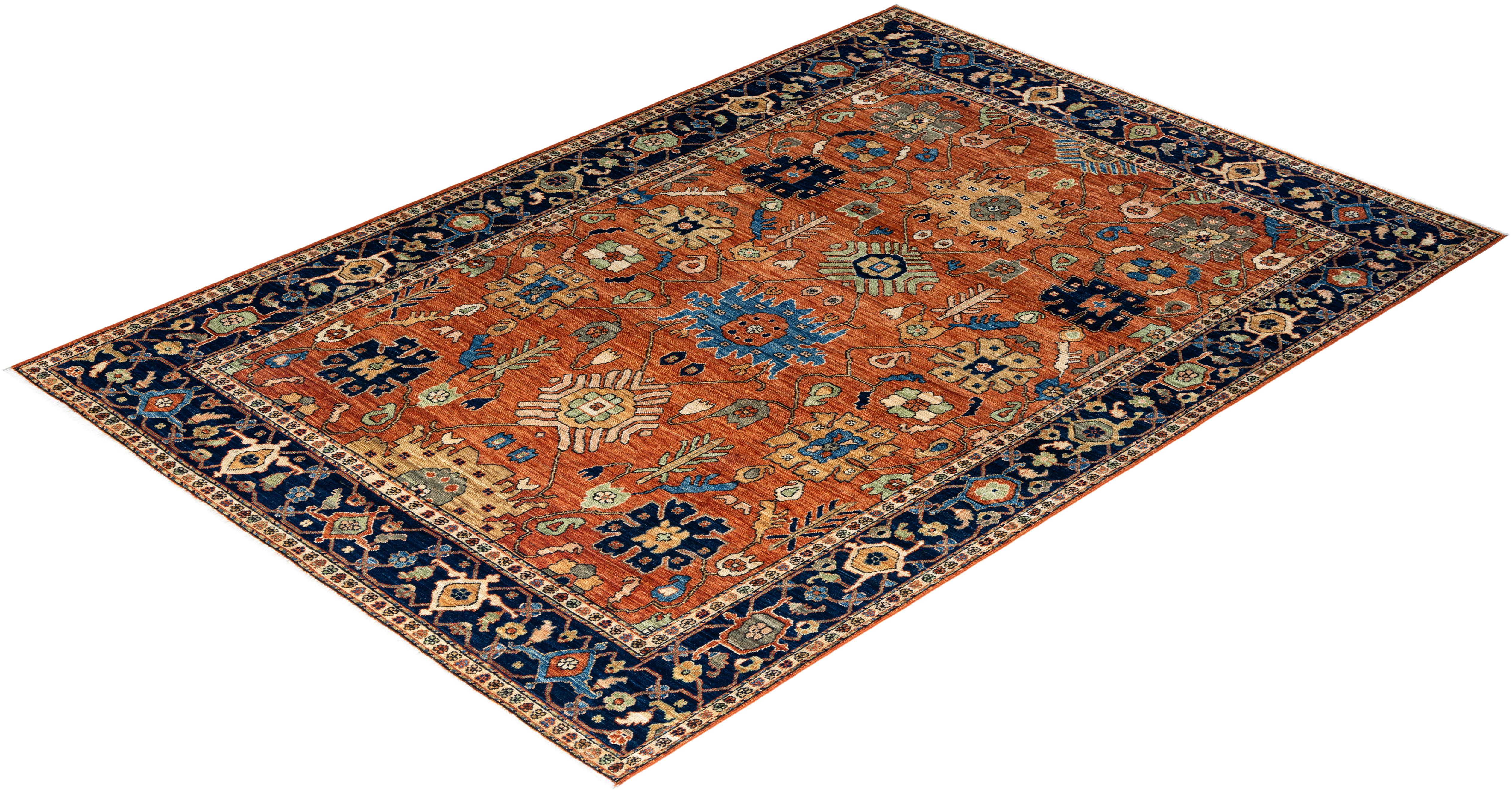  Traditional Serapi Hand Knotted Wool Orange Area Rug For Sale 3