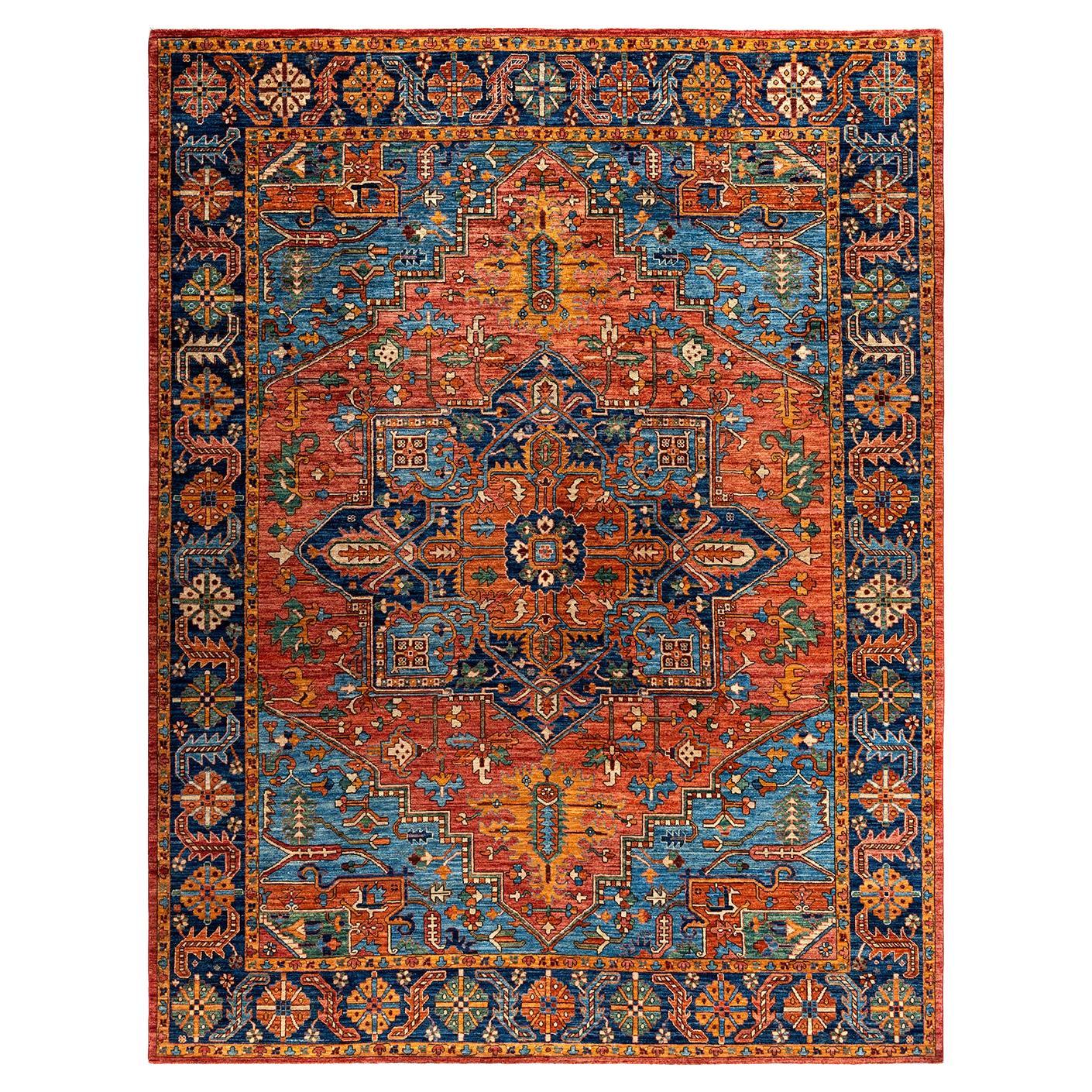 Traditional Serapi Hand Knotted Wool Orange Area Rug For Sale