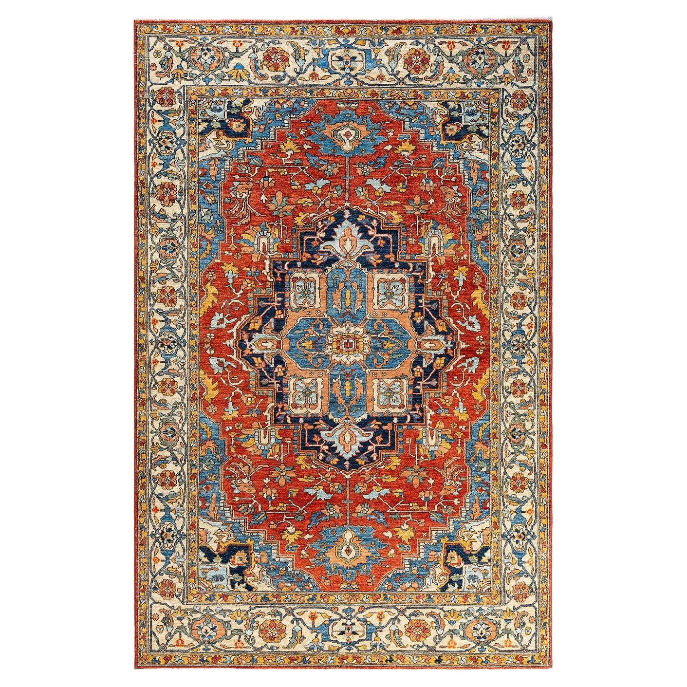  Traditional Serapi Hand Knotted Wool Orange Area Rug For Sale