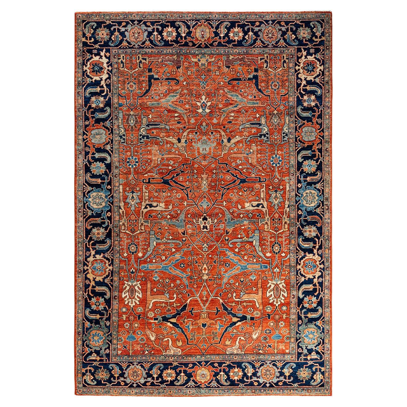  Traditional Serapi Hand Knotted Wool Orange Area Rug For Sale