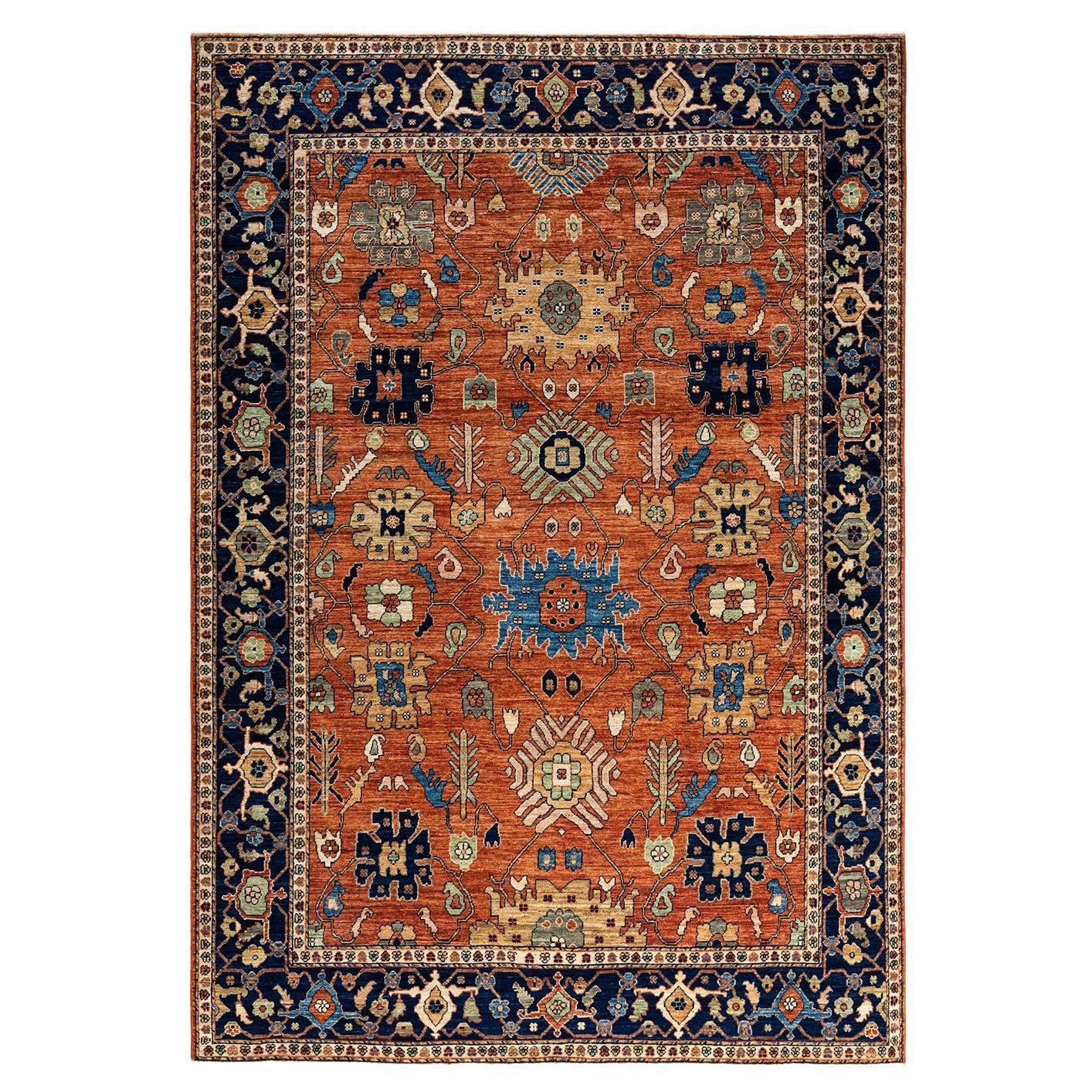  Traditional Serapi Hand Knotted Wool Orange Area Rug For Sale