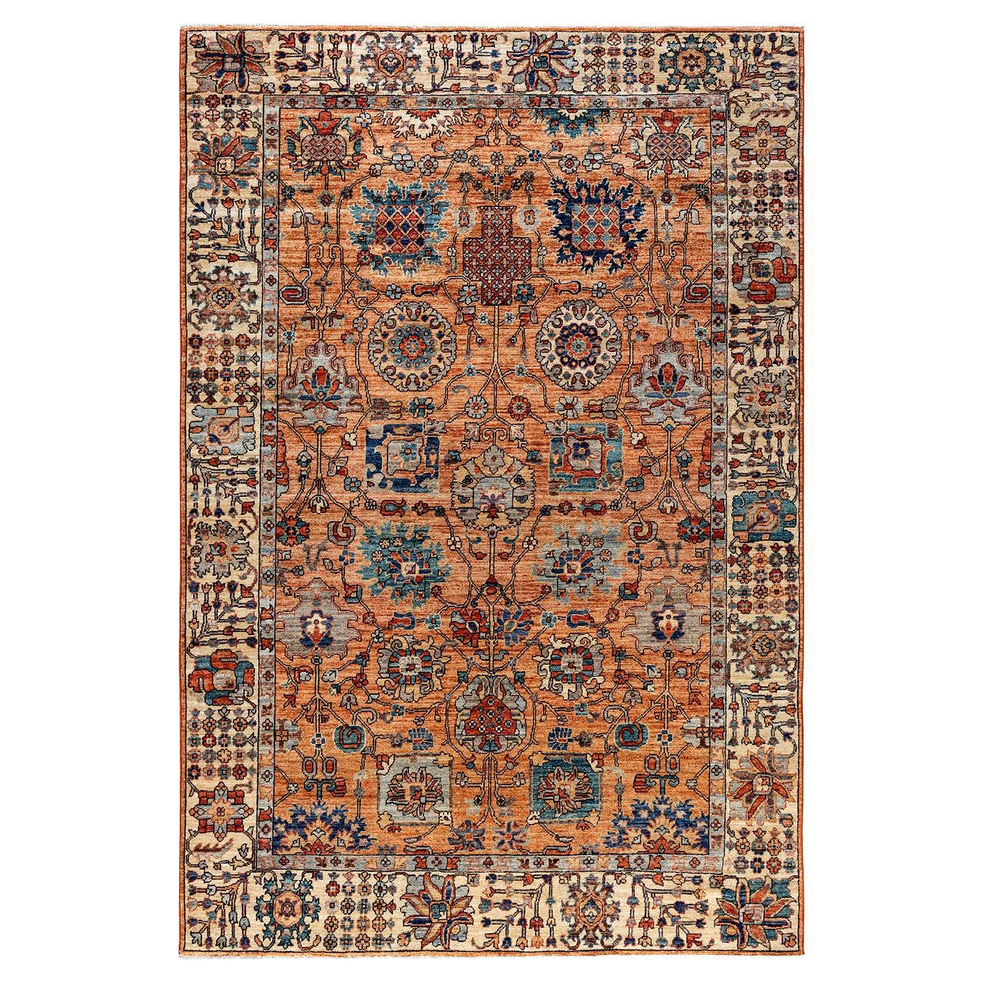 Traditional Serapi Hand Knotted Wool Orange Area Rug For Sale