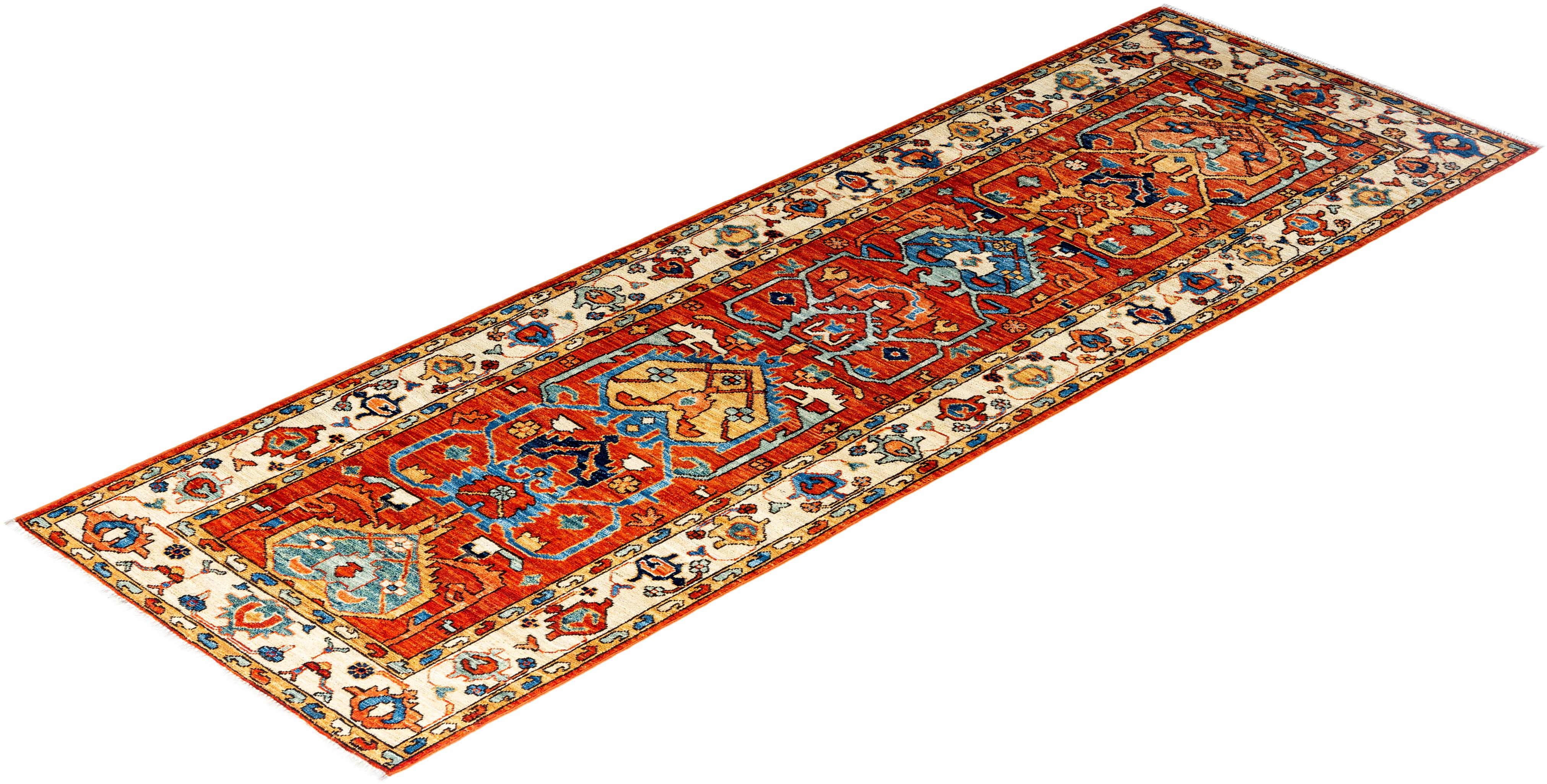 Traditioneller handgeknüpfter Serapi-Läufer aus Wolle in Orange 2' 8