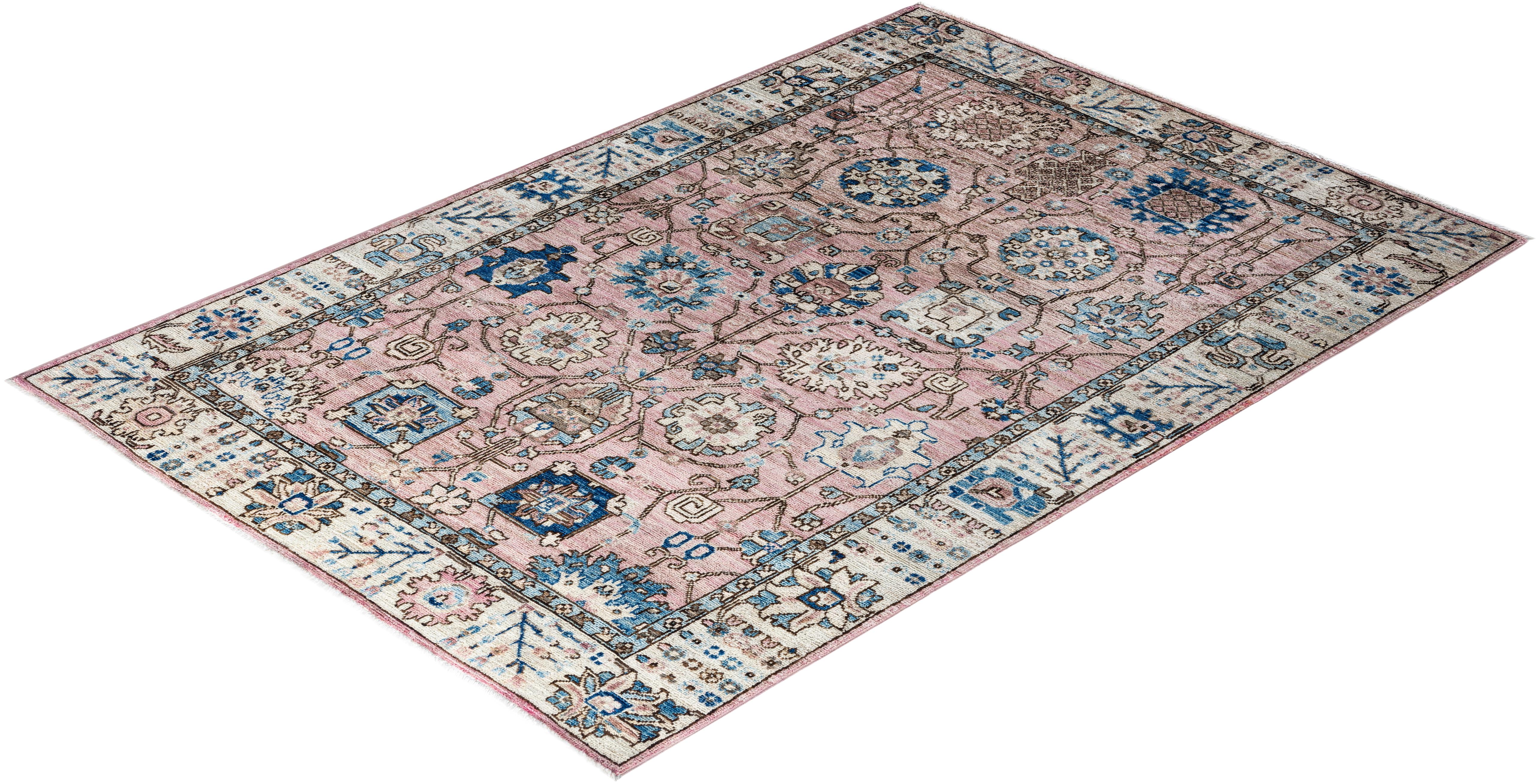 Traditional Serapi Hand Knotted Wool Pink Area Rug For Sale 3