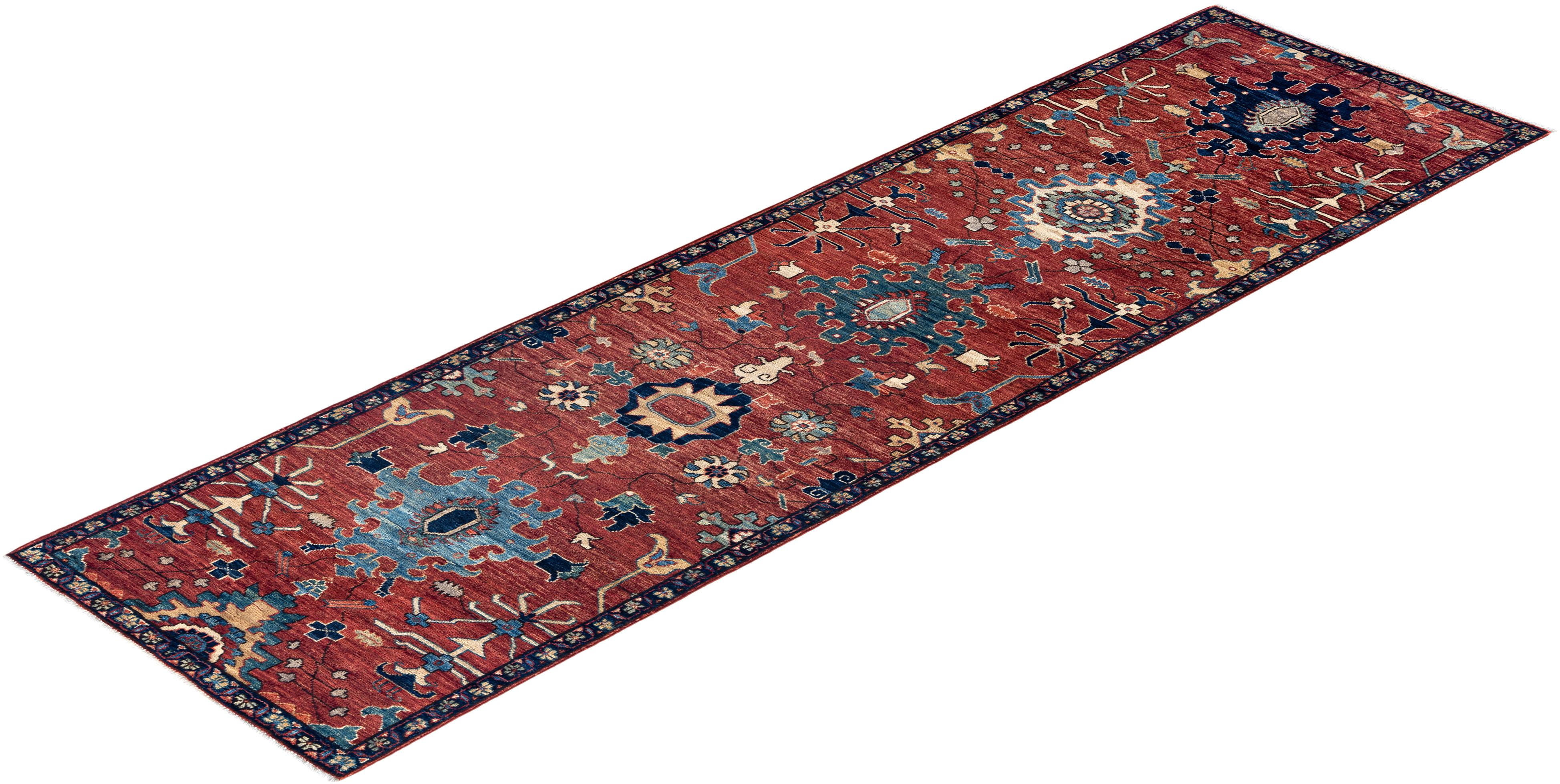 Tapis traditionnel Serapi noué à la main rouge de 2' 10