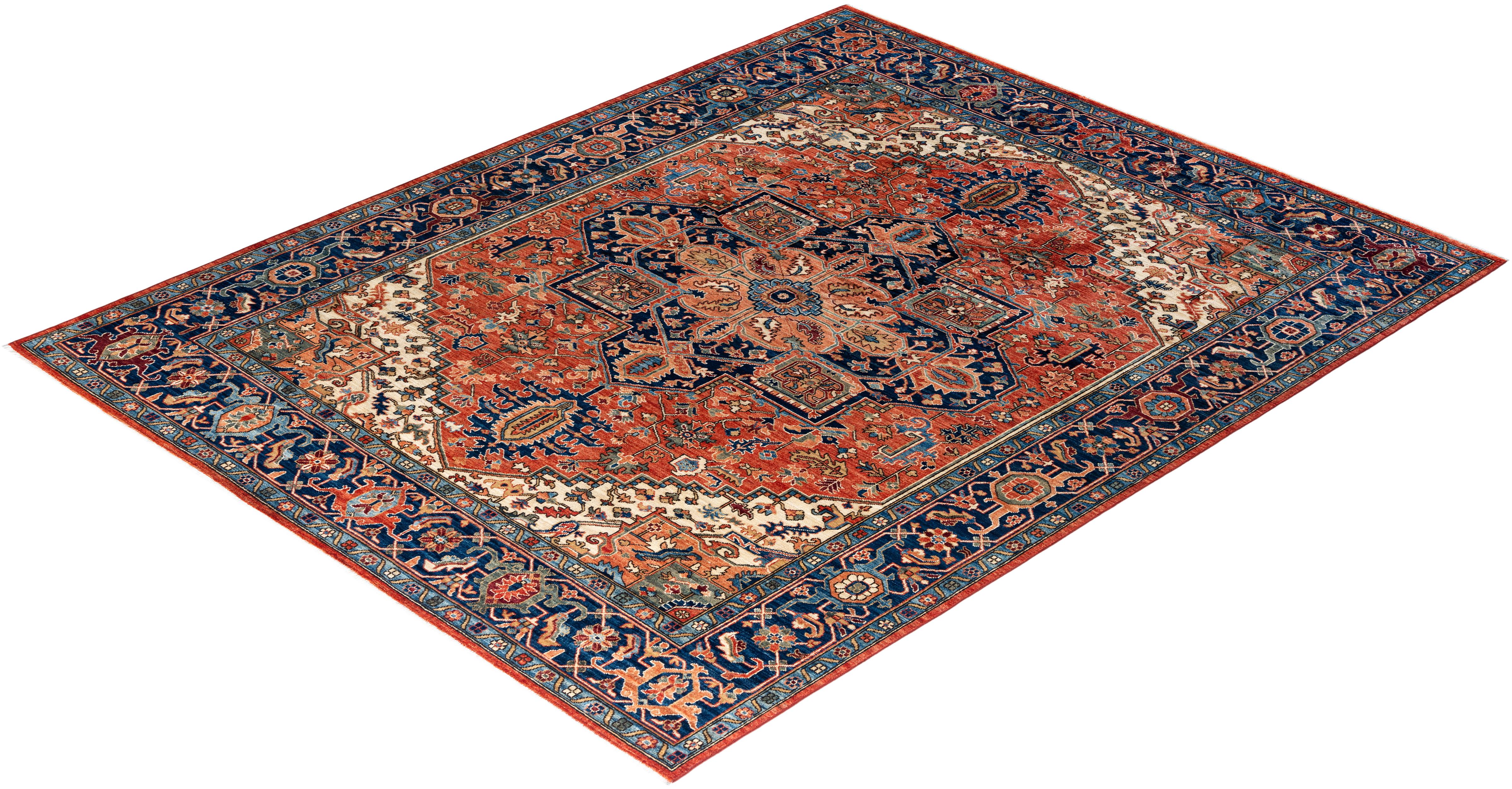 Traditional Serapi Tapis de zone en laine nouée à la main rouge 8' 0