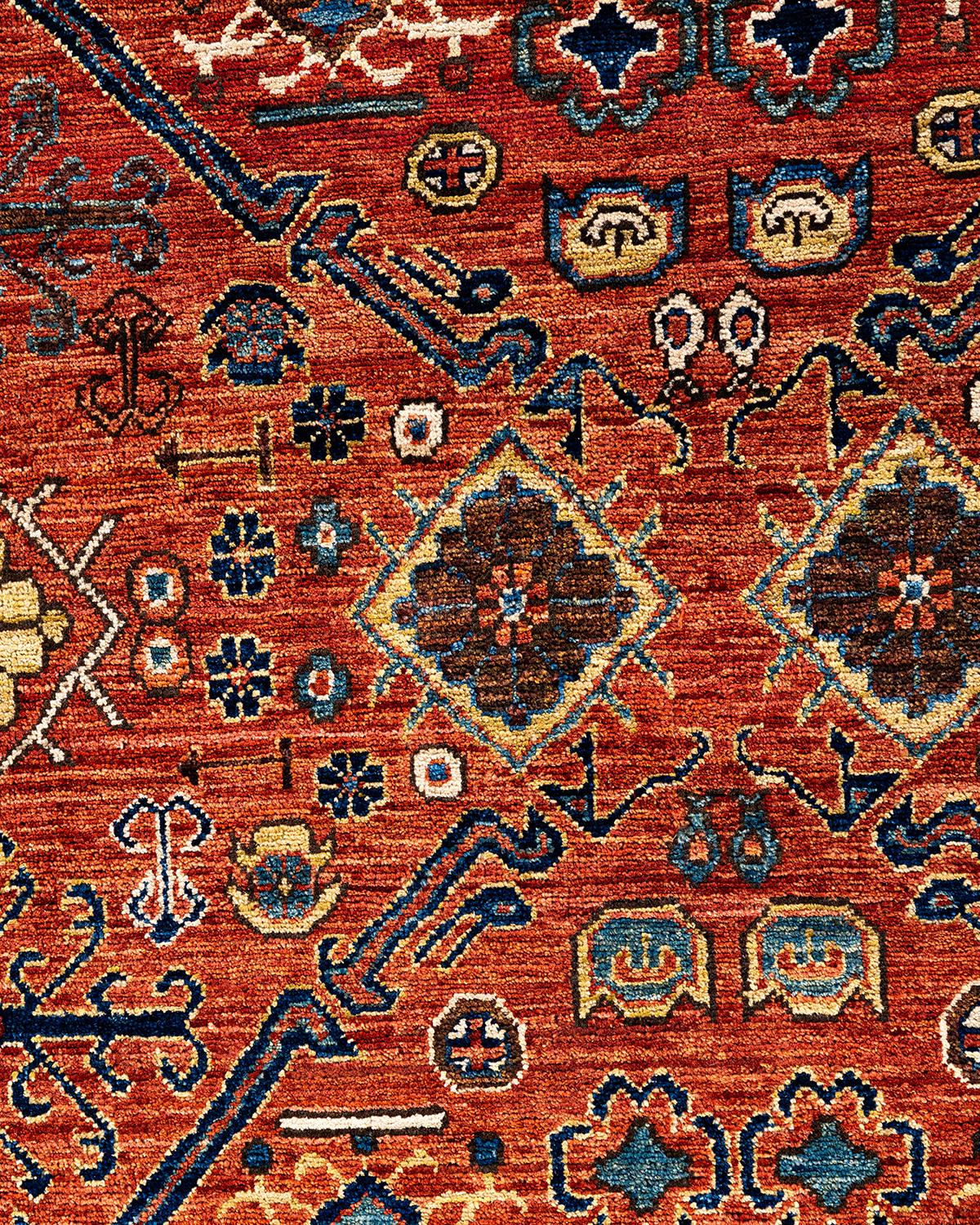 Pakistanais Traditional Serapi Tapis de zone en laine nouée à la main rouge 8' 2