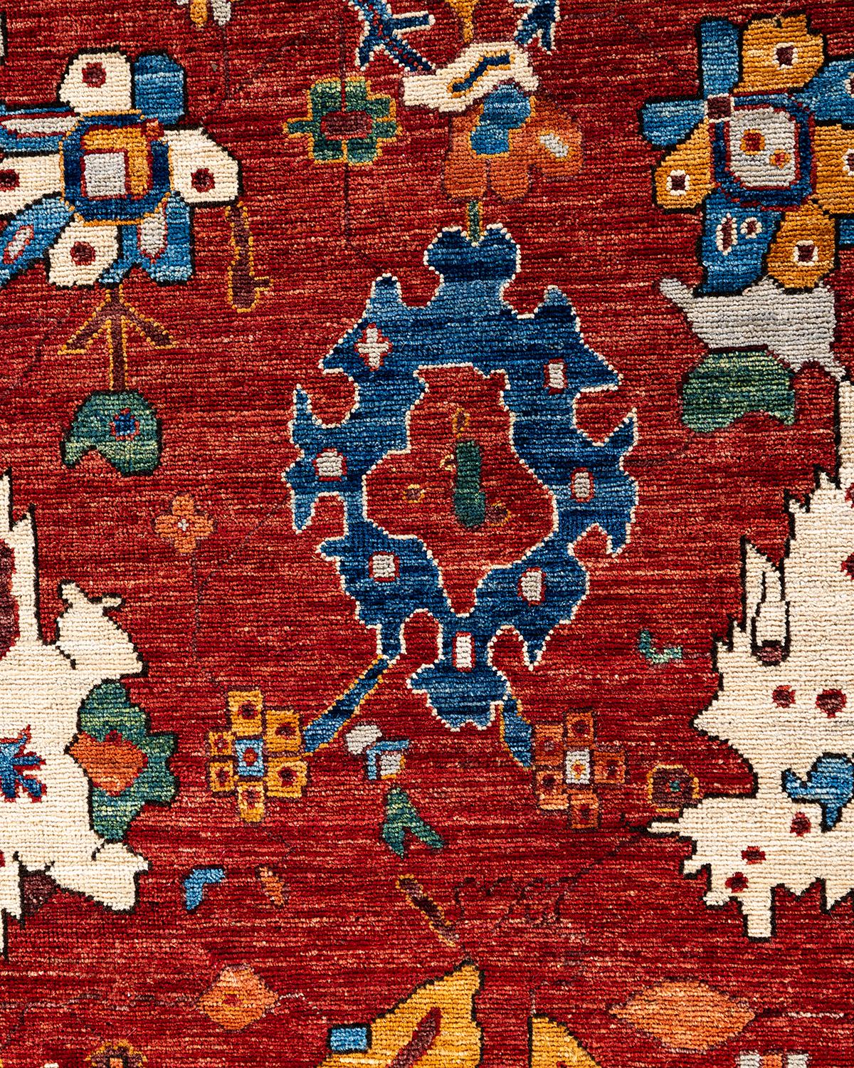 Pakistanais Traditional Serapi Tapis de zone en laine nouée à la main rouge 8' 2