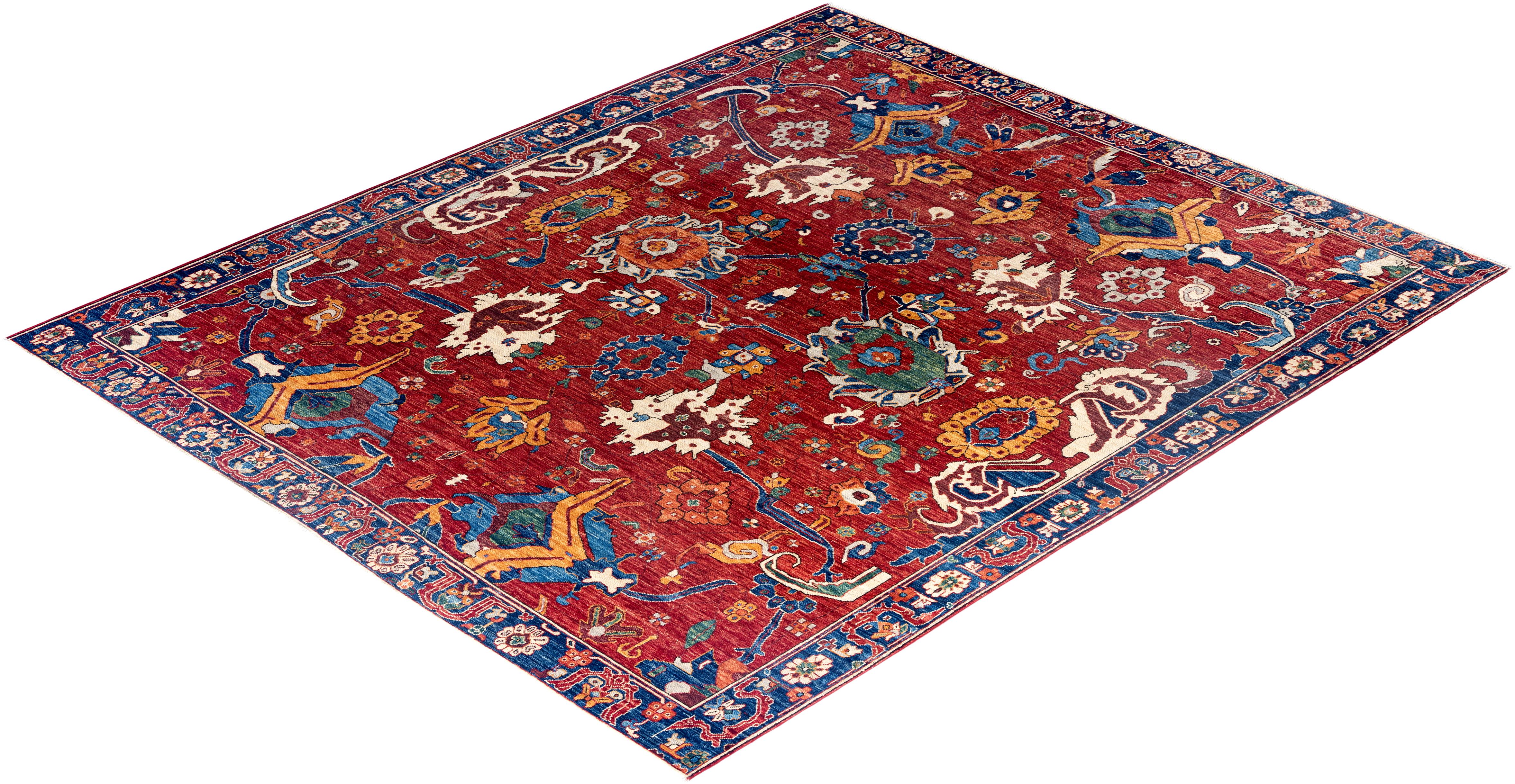 Traditional Serapi Tapis de zone en laine nouée à la main rouge 8' 2