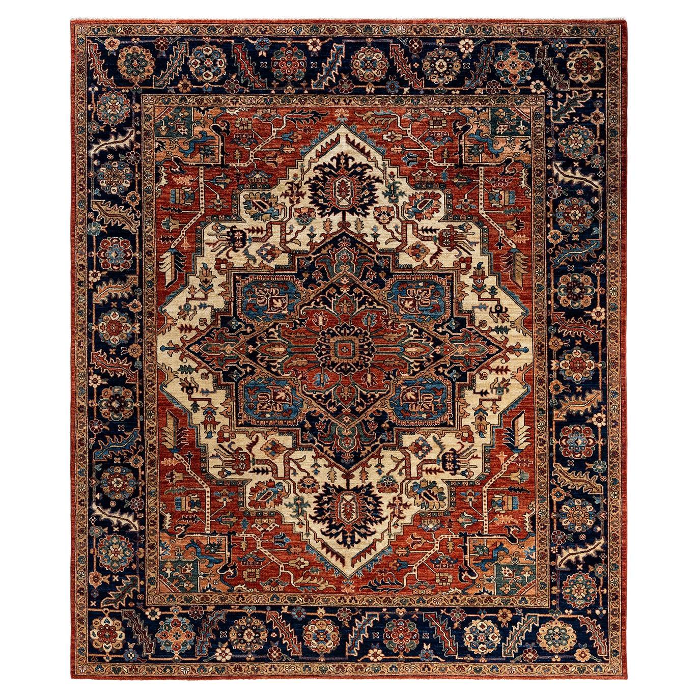 Tapis traditionnel Serapi noué à la main rouge de 8' 4" x 9' 9" en vente