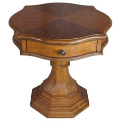 Vintage Traditional Serpentine Birch Drum Pedestal Table Matchbook Veneer End Side