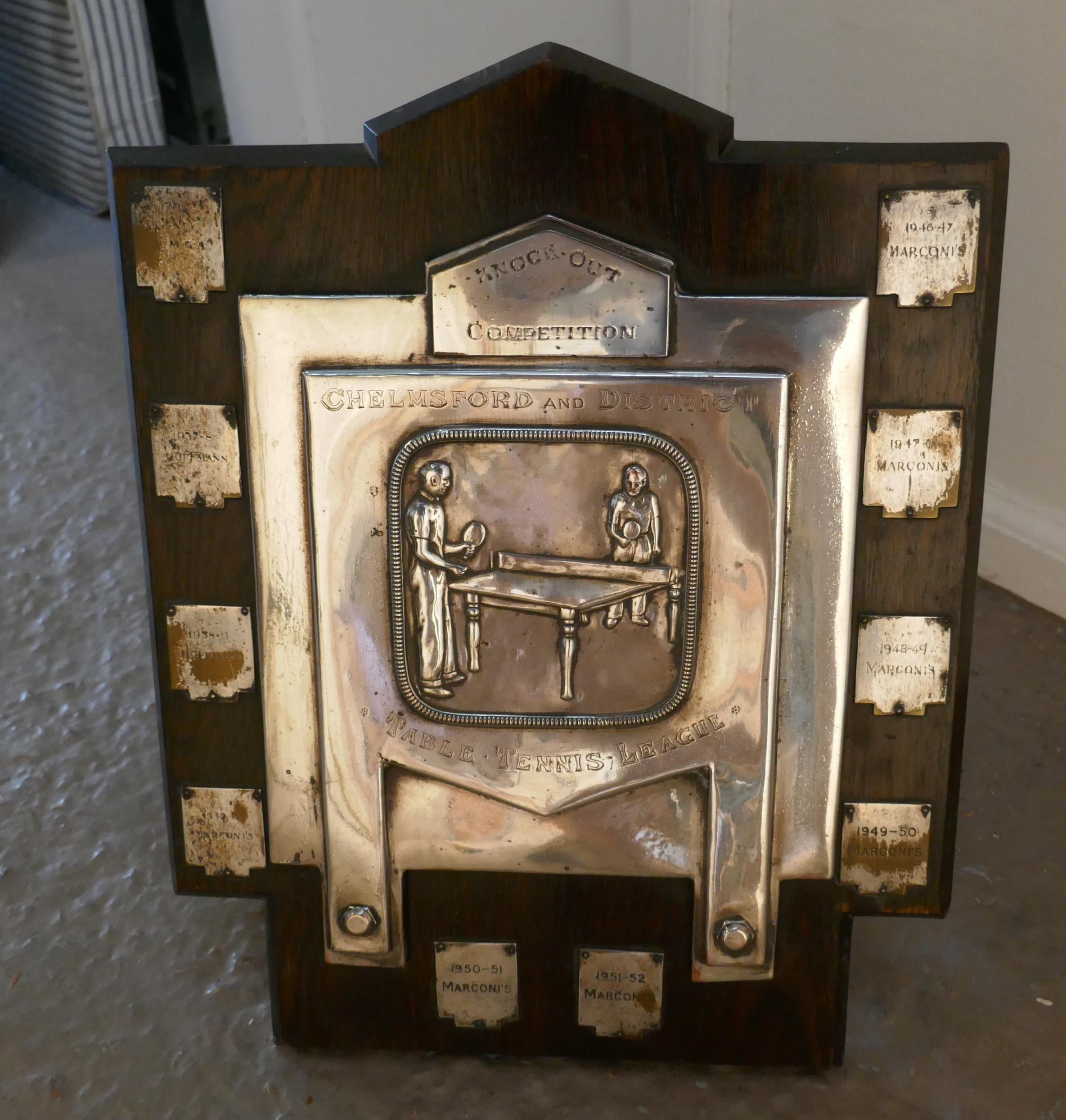 Table Tennis Shield Trophy, Art Deco Trophy, Chelmsford In Good Condition For Sale In Chillerton, Isle of Wight