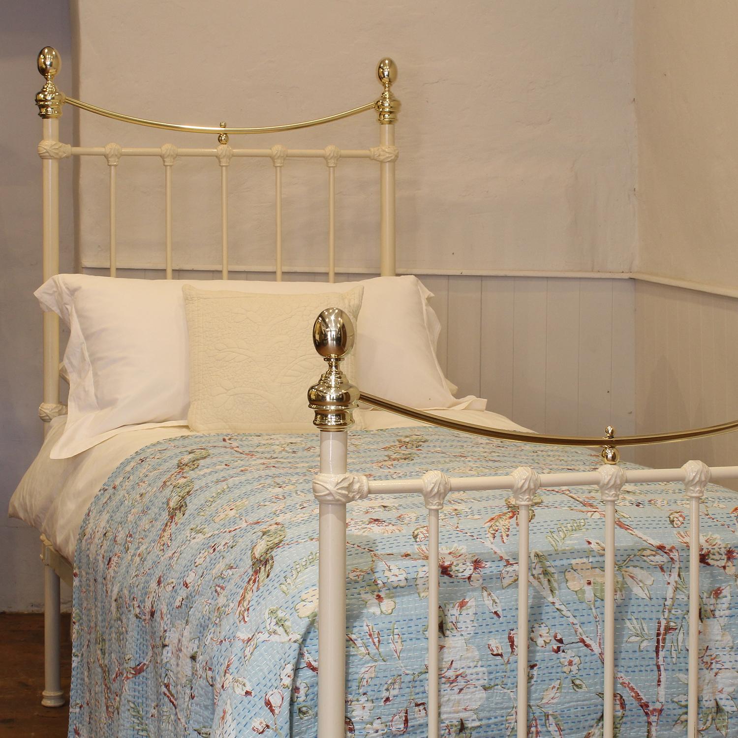British Traditional Single Victorian Brass and Iron Antique Bed in Cream
