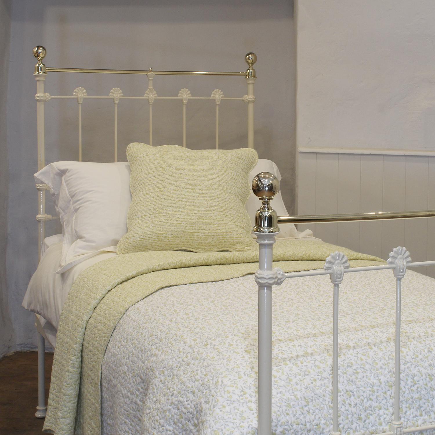 British Traditional Single Victorian Brass and Iron Antique Bed in Cream MS71