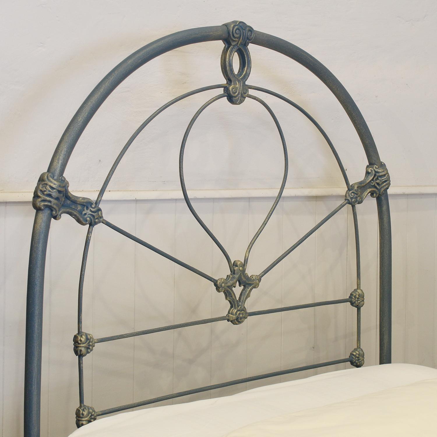 British Traditional Single Victorian Cast Iron Antique Bed in Blue and Gold For Sale