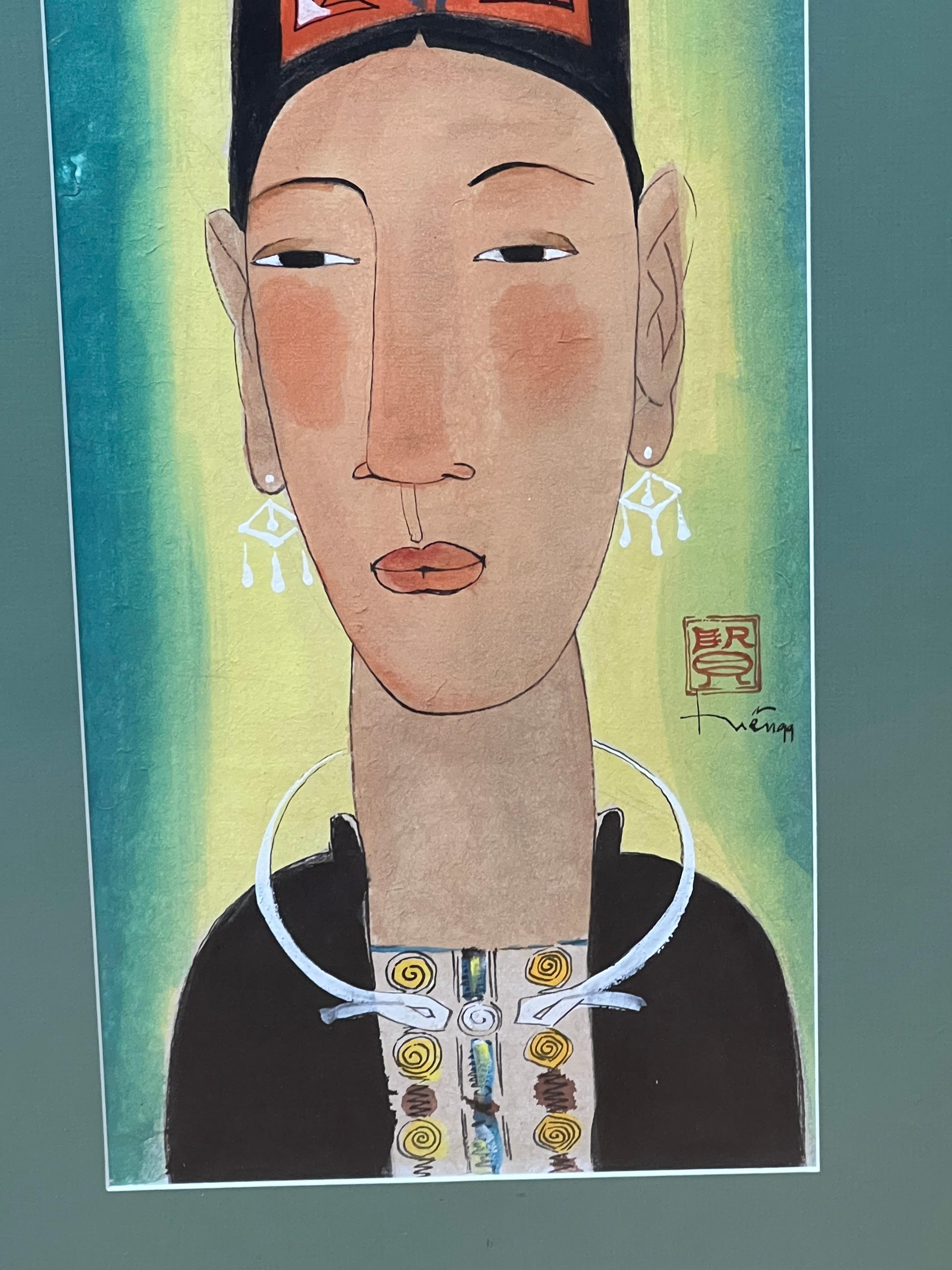 Traditionelle südasiatische Porträtlithographie einer Frau mit rotem Siegel  (Organische Moderne) im Angebot