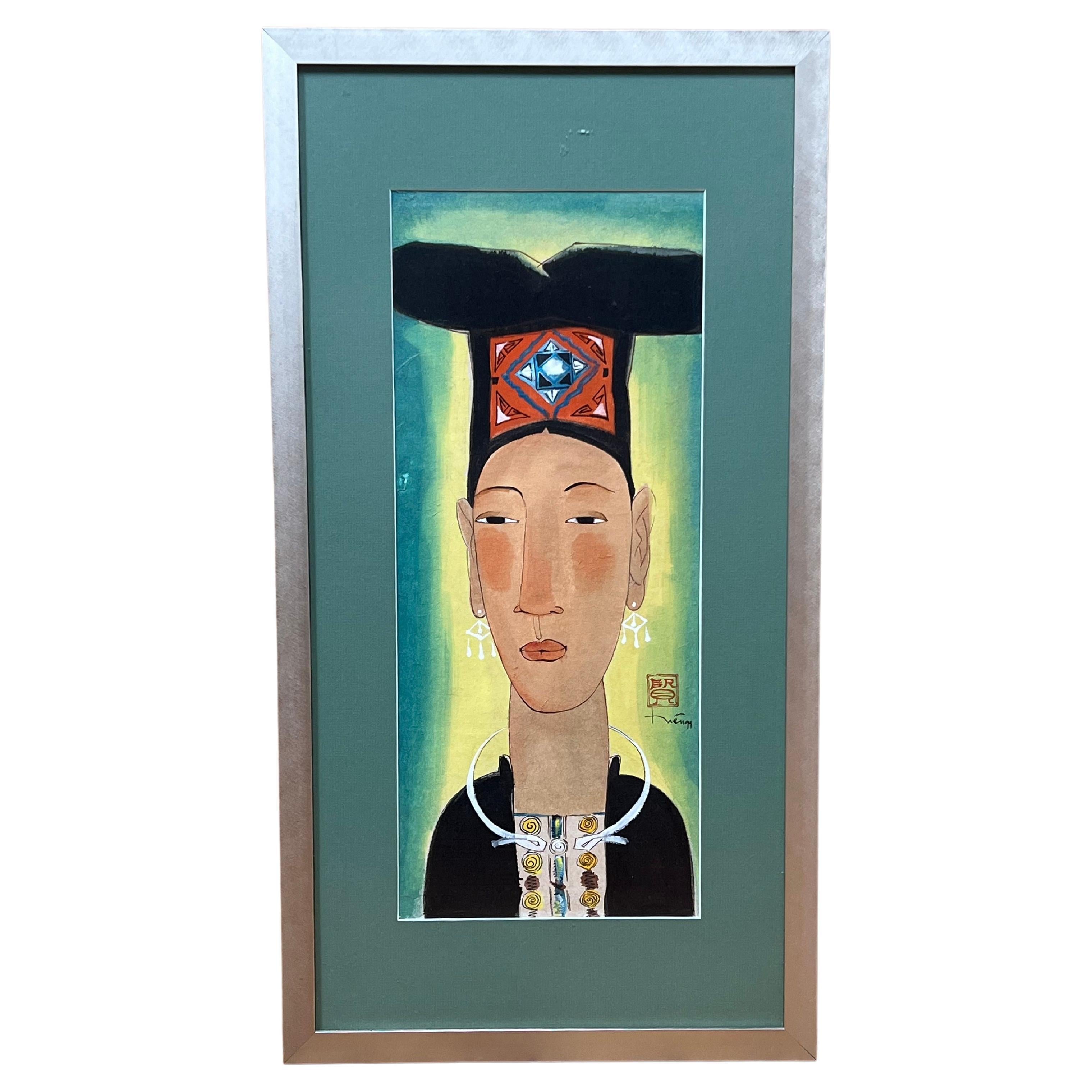 Traditionelle südasiatische Porträtlithographie einer Frau mit rotem Siegel  im Angebot