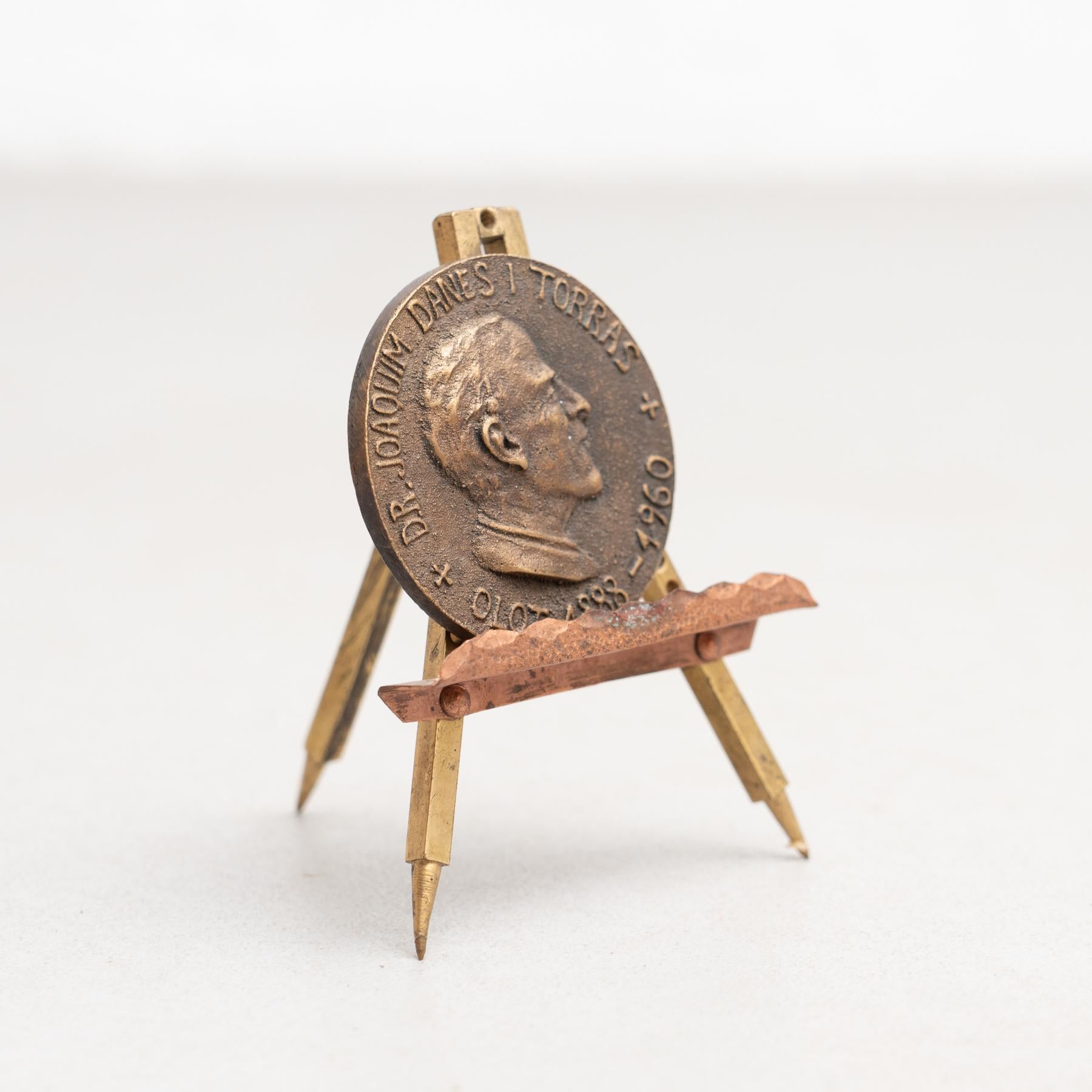 Mid-Century Modern Traditional Spanish Bronze Collectible Coin with a Stand, circa 1970 For Sale