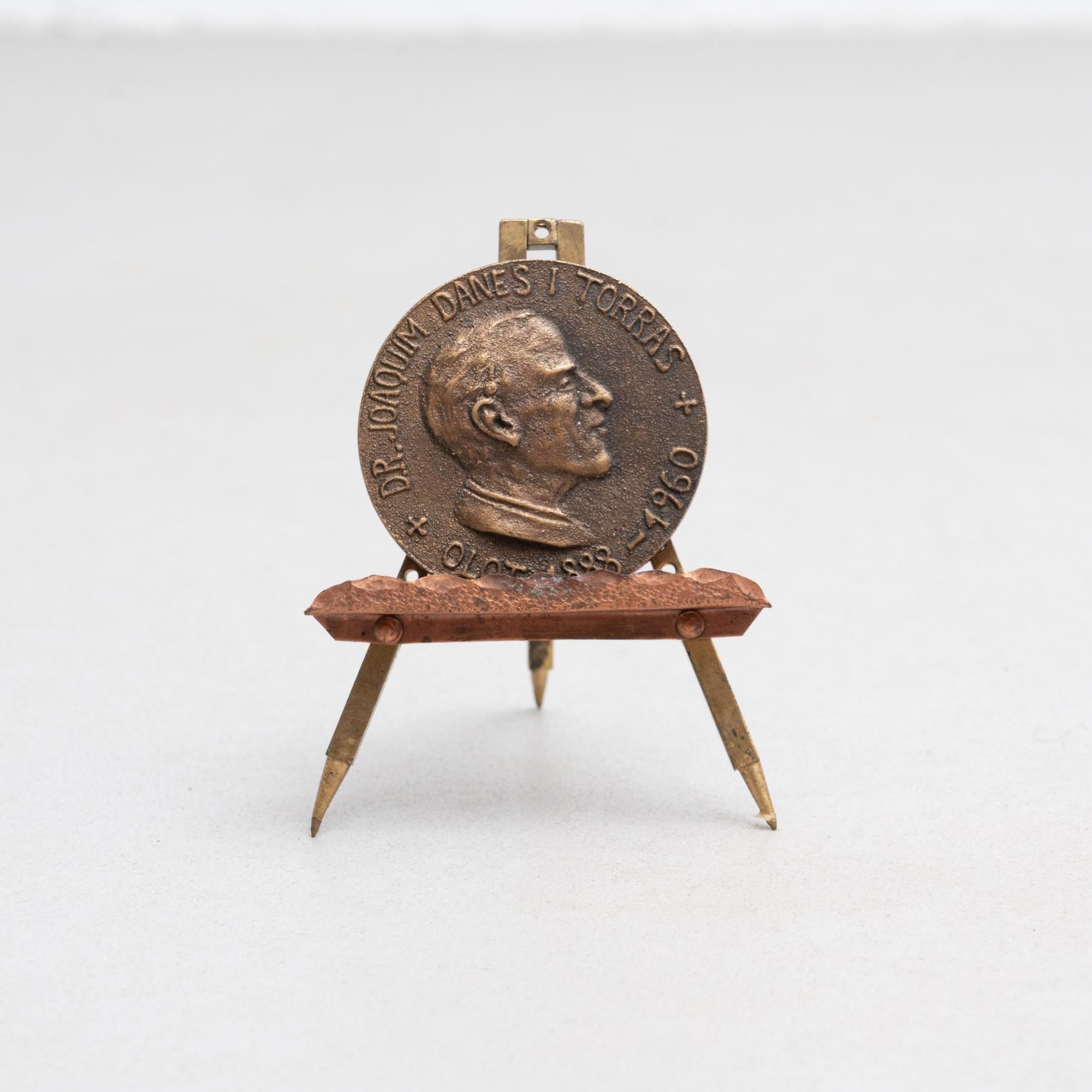 Late 20th Century Traditional Spanish Bronze Collectible Coin with a Stand, circa 1970 For Sale