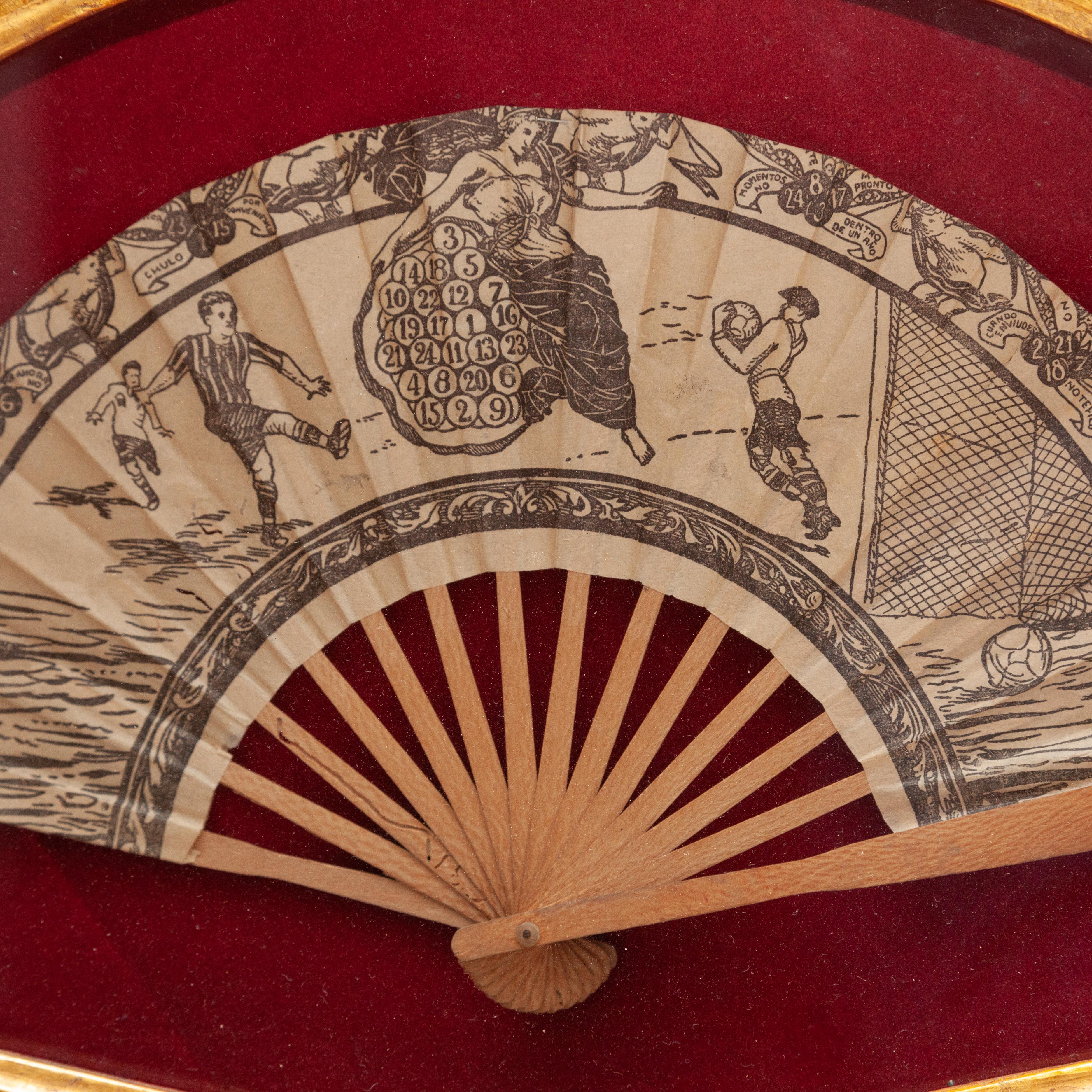 Mid-Century Modern Traditional Spanish Paper Fan in a Guilted Frame circa 1930 For Sale