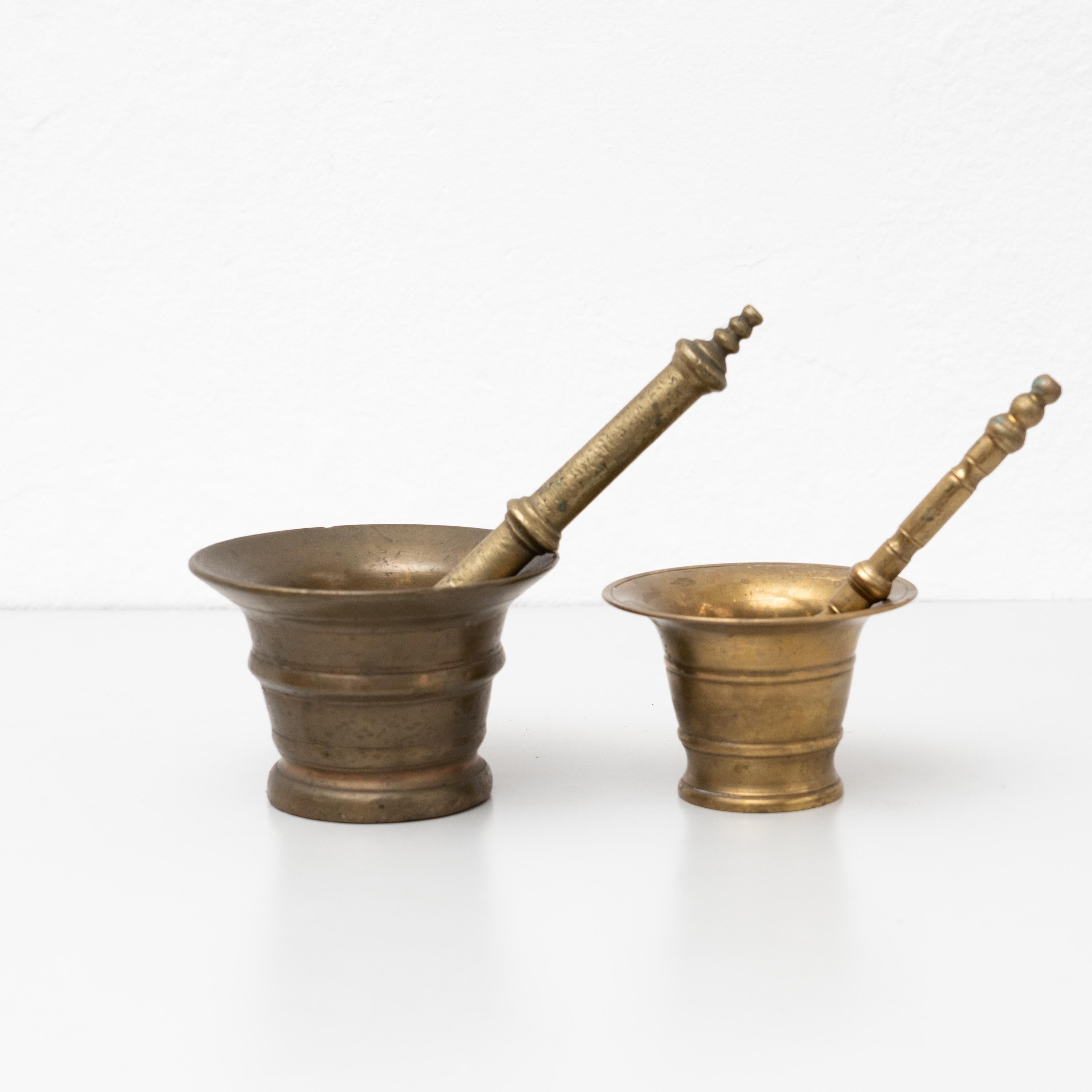 Mid-Century Modern Traditional Spanish Set of Two Vintage Metal Mortar, circa 1950 For Sale