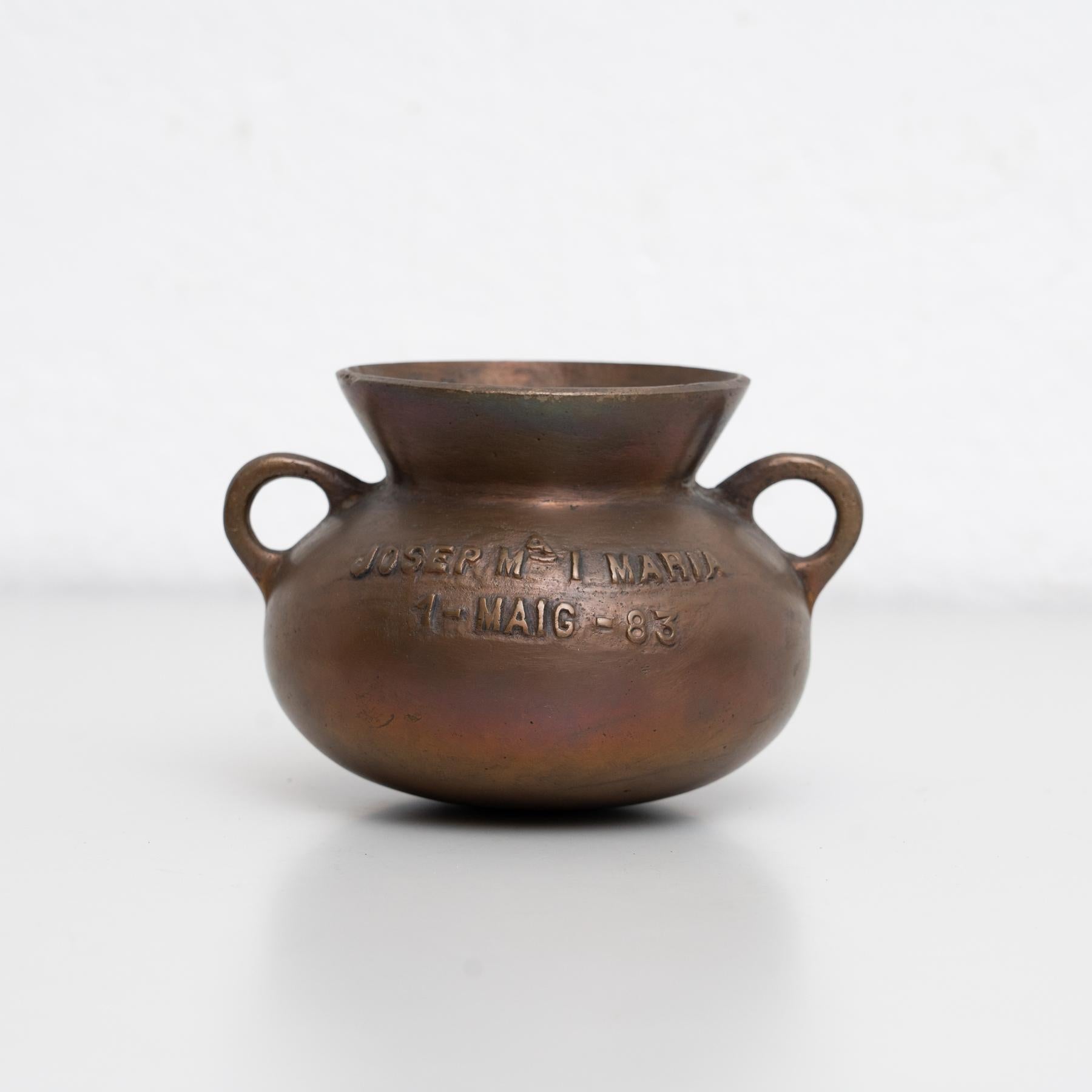 Rustic Traditional Spanish Vintage Bronze Pot, Signed and Dated, circa 1980 For Sale