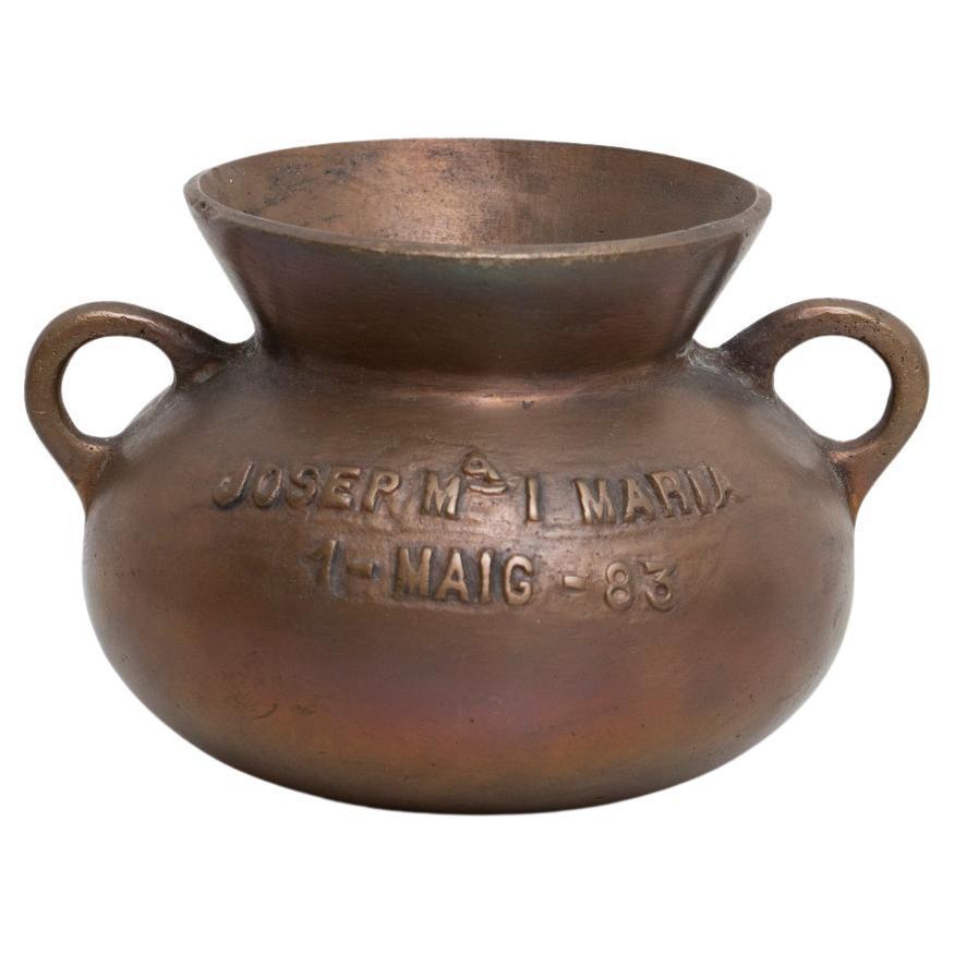 Traditioneller spanischer Vintage-Bronzetopf, signiert und datiert, um 1980